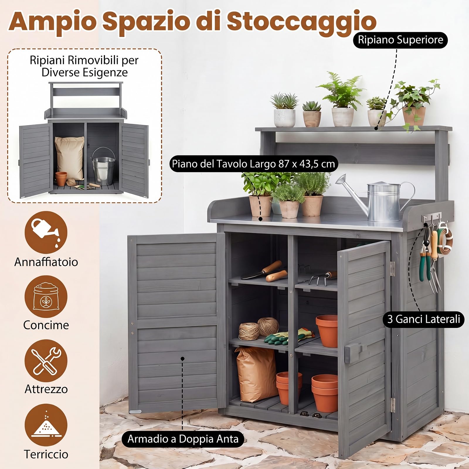 COSTWAY Armadietto da Esterno in Legno a 2 Livelli con Piano di Lavoro in Metallo Zincato, 3 Ganci Appendiabiti, Ripiani Rimovibili e Ante a Doghe, per Giardino, Balcone e Cortile (Grigio)