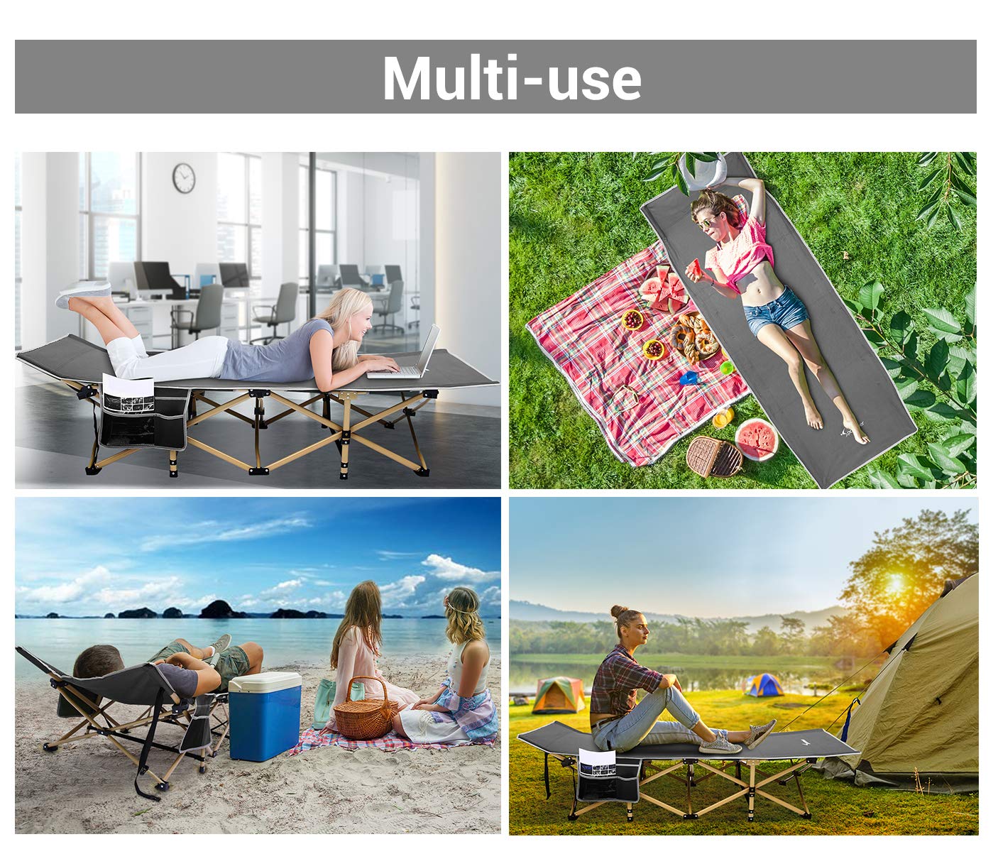 Sleeping Cot, Sportneer Cot Camping Cot Max Load 450 LBS 2 Side Large Pockets Portable Folding Camp Cots Wide Cot Bed with Carry Bag for Adults Kids Teen Tent Camping Beach BBQ Hiking Office Gray