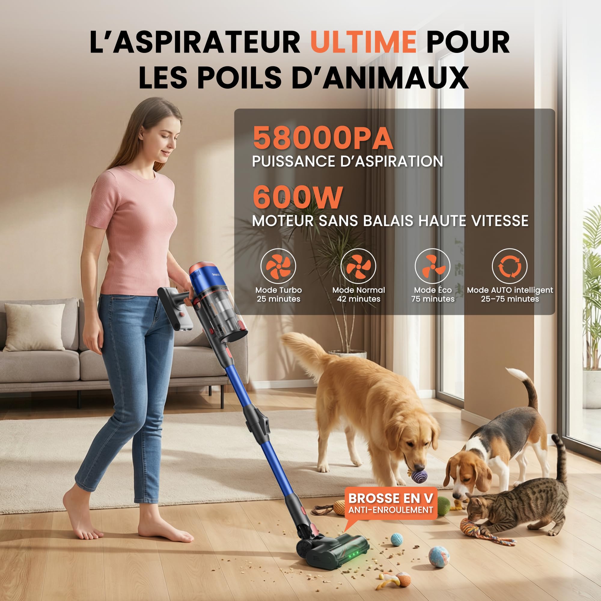 V15 Ultra Aspirateur sans Fil, 58 kPa, 600 W, 75 Min, 1,8 L | Aspirateur Balai Avec Double Bac, Tube Flexible Et Brosse En V Anti-Enchevêtrement Pour Tapis, Sols Durs Et Poils D’Animaux