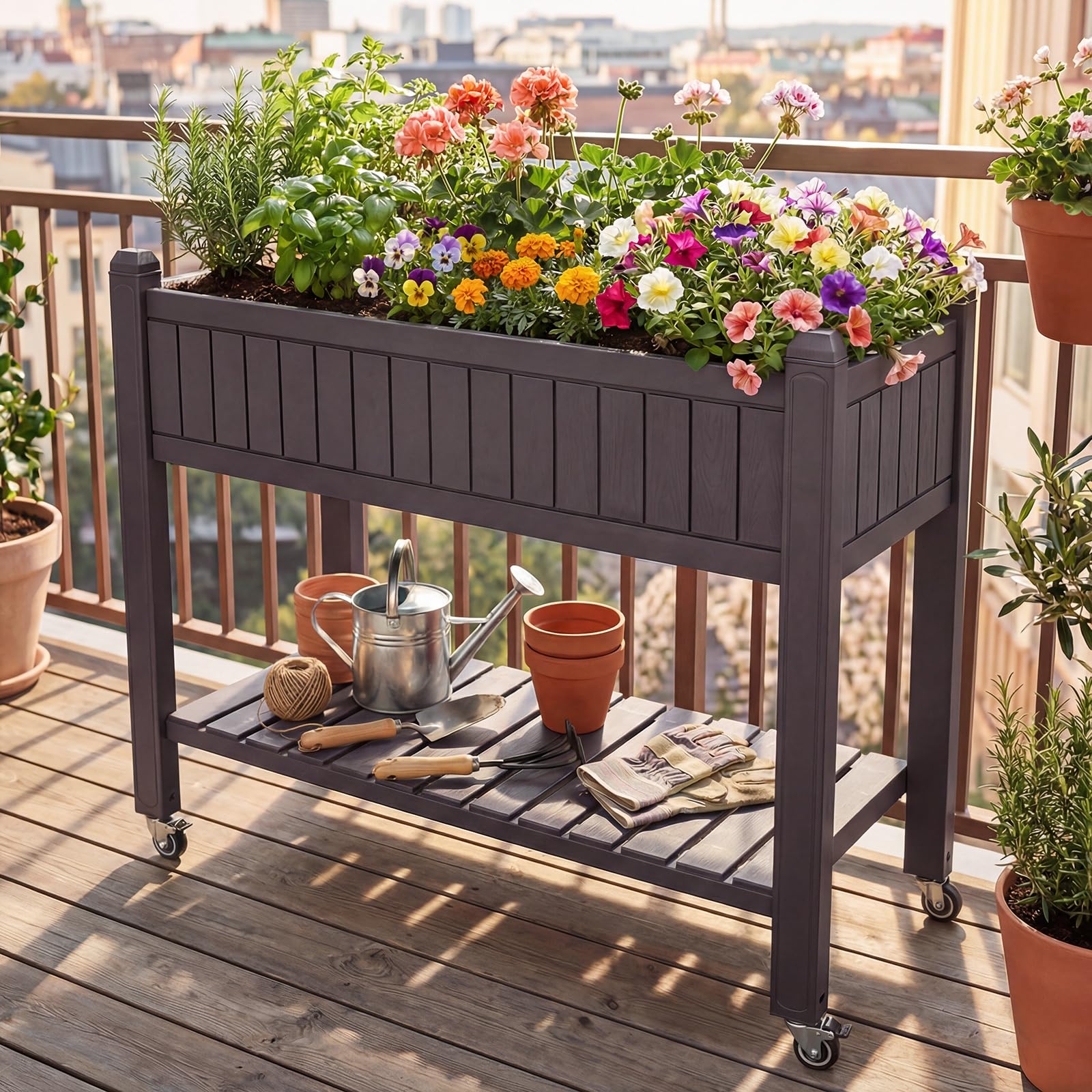 COSTWAY Huerto Urbano Elevado Mesa de Cultivo con Ruedas, Caja de Planta Divisible con Monitor de Agua, Orificio de Drenaje y Estante para Verduras y Hierbas, para Cultivo Plantas Flores Verduras
