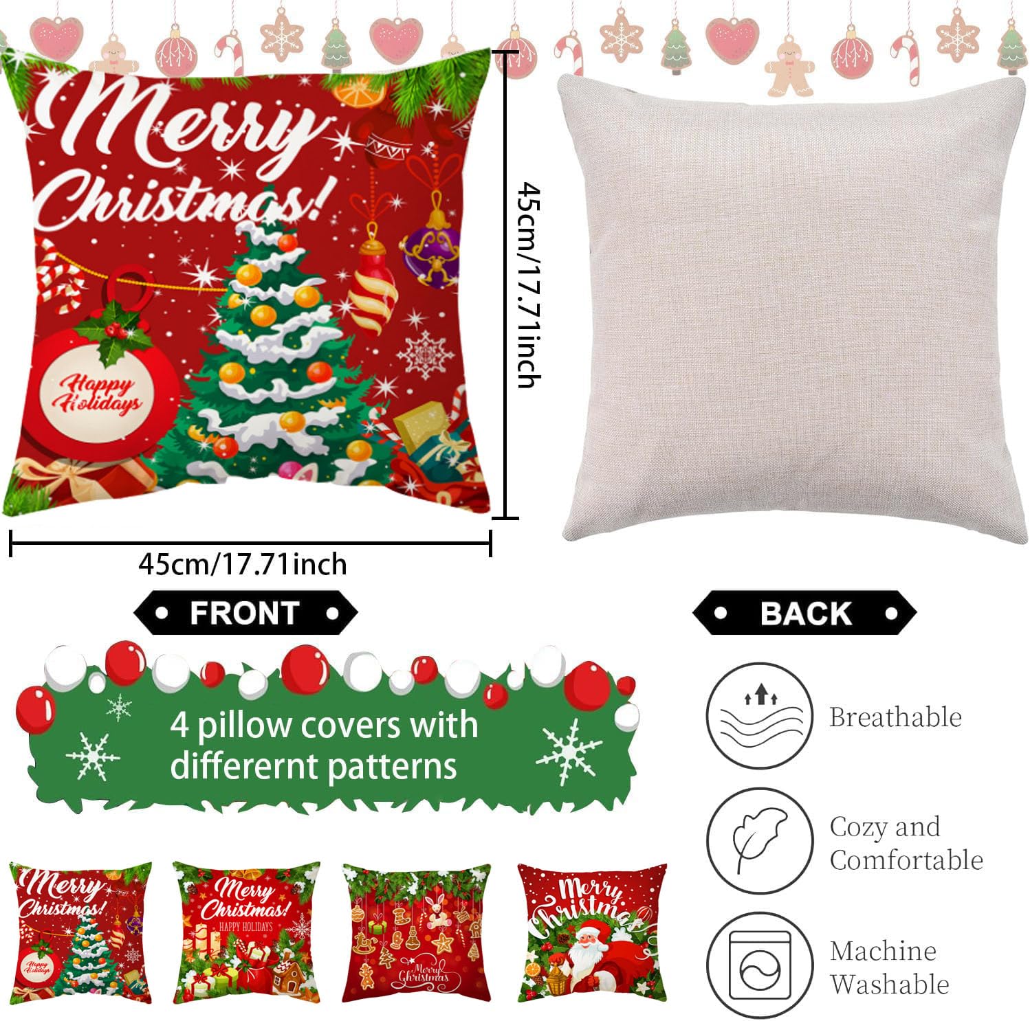 Set Di 4 Fodere Per Cuscini Natalizie 45x45 Cm, In Peluche Corto, Con Motivi Fiocchi Di Neve E Alberi