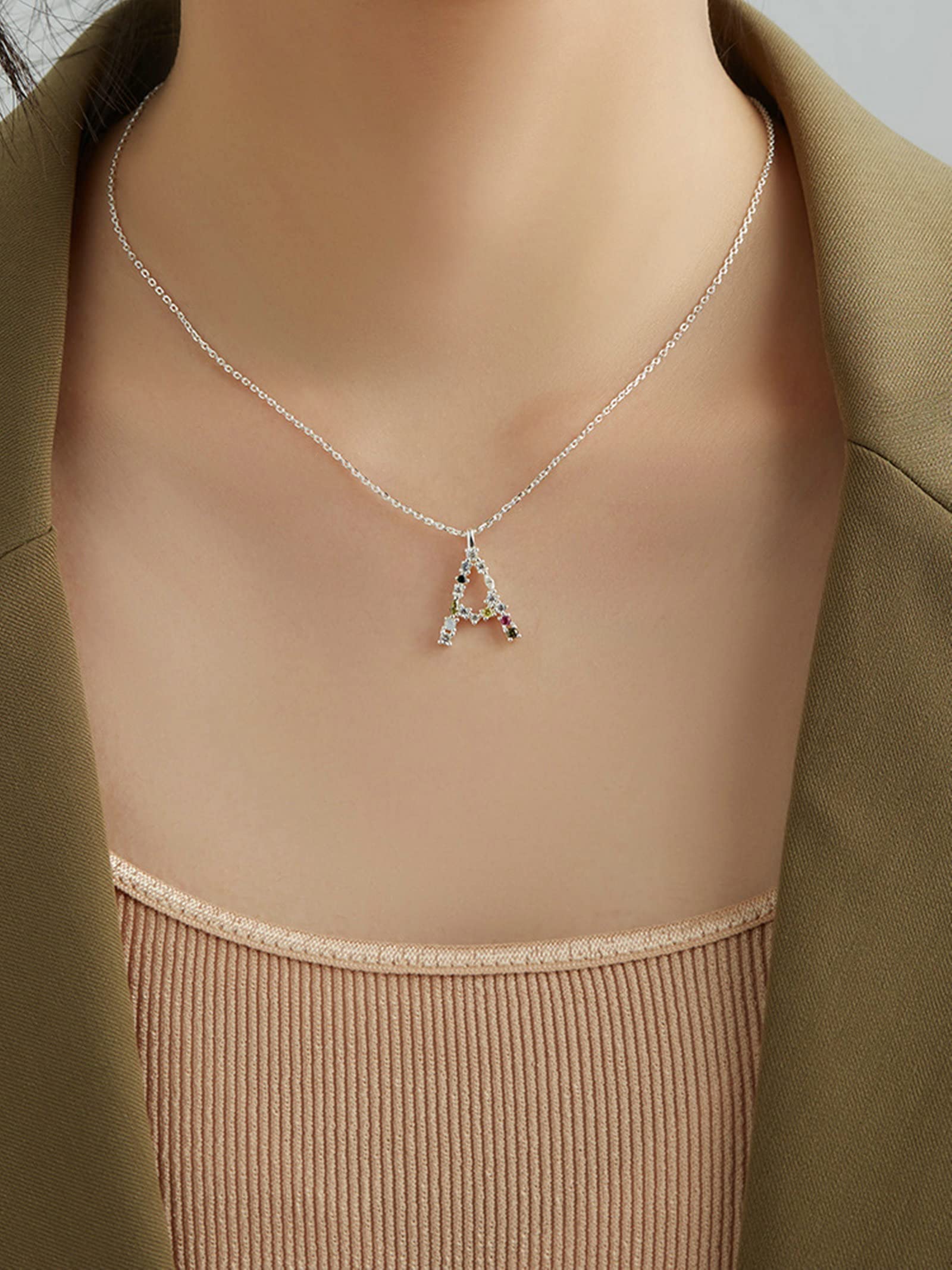 Collar con colgante, collar de plata de ley para mujer, 26 letras, Circonia cúbica