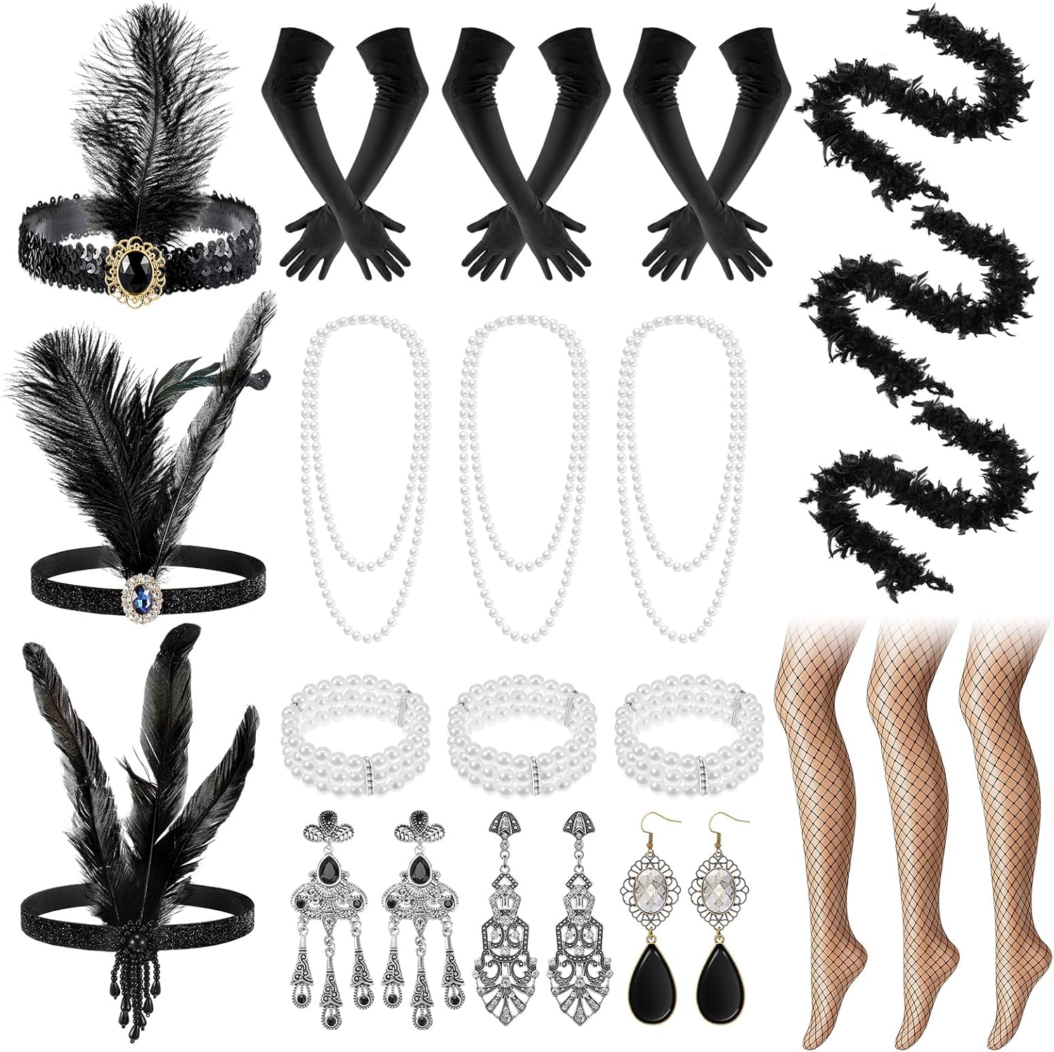 24 Pcs Halloween 1920s Flapper Accessories Set, Roaring 20's Theme Party Set with Headband Headpiece Pearl Bead Necklaces for Women Vintage Wedding Costume Tea Party Hat Dress up