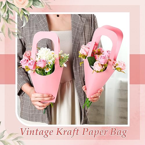 Miniatura 7 de Sabary 24 bolsas de regalo de flores de papel kraft, bolsas de ramo con asa de flores, envoltura de regalo, bolsa de embalaje para San Valentín,