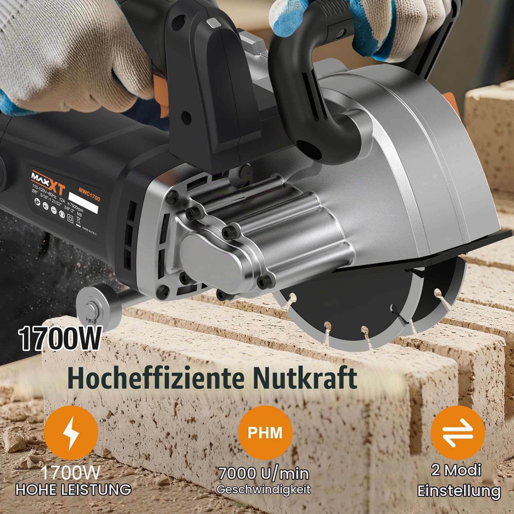 MAXXT 1700W-Fassadenfräse, 7000 U/min Fassadenfräse mit Staubabsaugung, max. Nutschneidbreite 42 mm, Kanaltiefe 50 mm, 2 x 150 mm Schneidscheiben