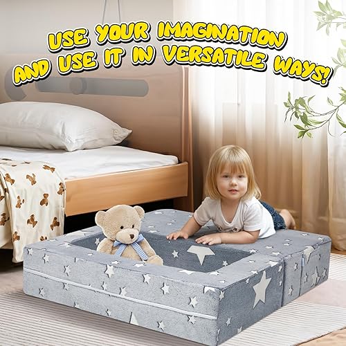 Miniatura 32 de MeMoreCool Sofá modular para niños, sofá convertible suave para niños, silla de espuma de felpa plegable gris para diversión en la sala de juegos de