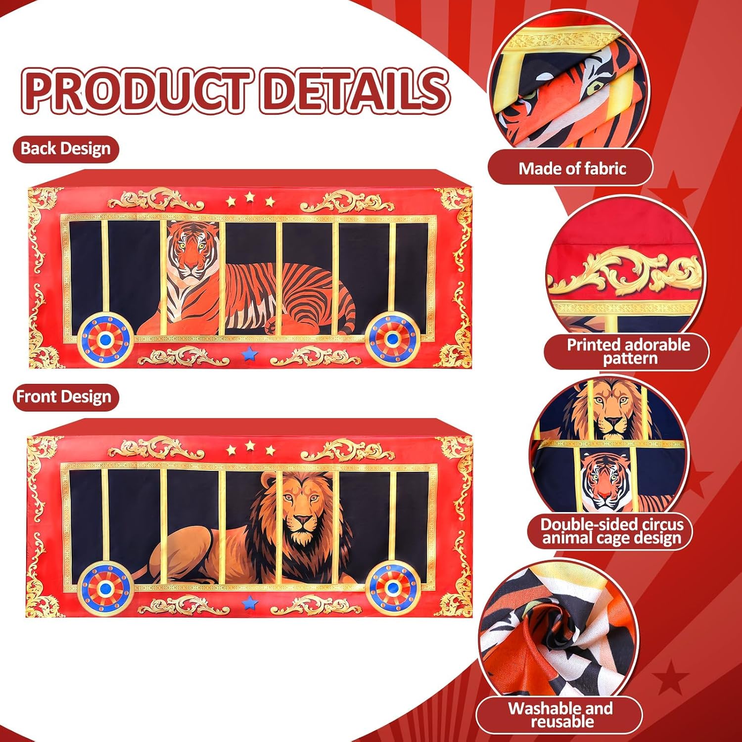 6Ft Carnival Party Decorations Circus Animal Cage Tablecloth Tiger Lion Patterns Carnival Cage Washable Polyester Rectangular Table Cover for Boy Girl Birthday Baby Showers Party Supplies