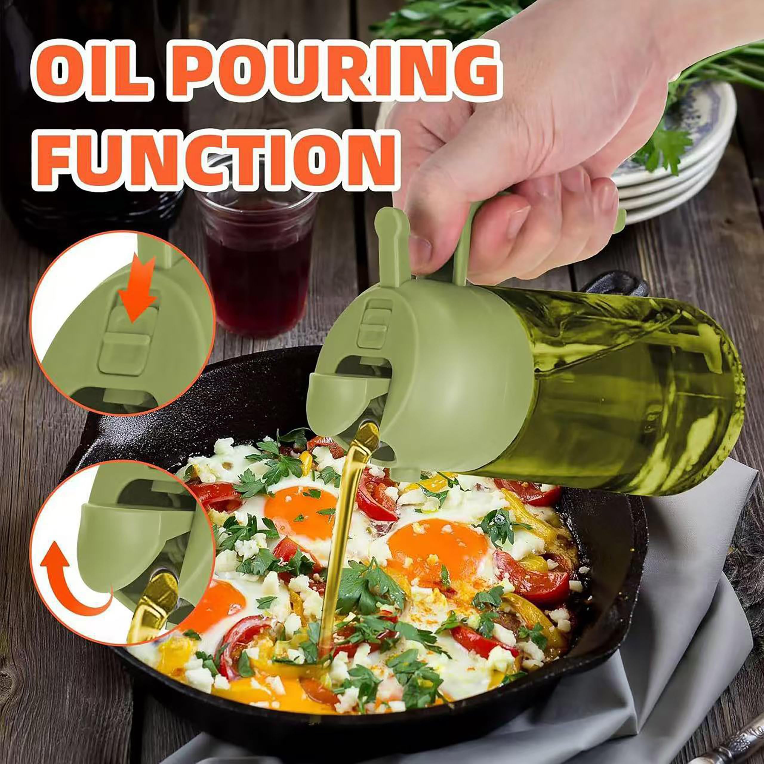 2-in-1-Ölsprüher und -spender zum Kochen, 2 x 473 ml, olivgrünes Glas, um frisches Öl zu konservieren, geeignet für Luftfritteuse, Braten, Grillen, Grillen und Salat (Olivgrün, Schwarz, Grün)