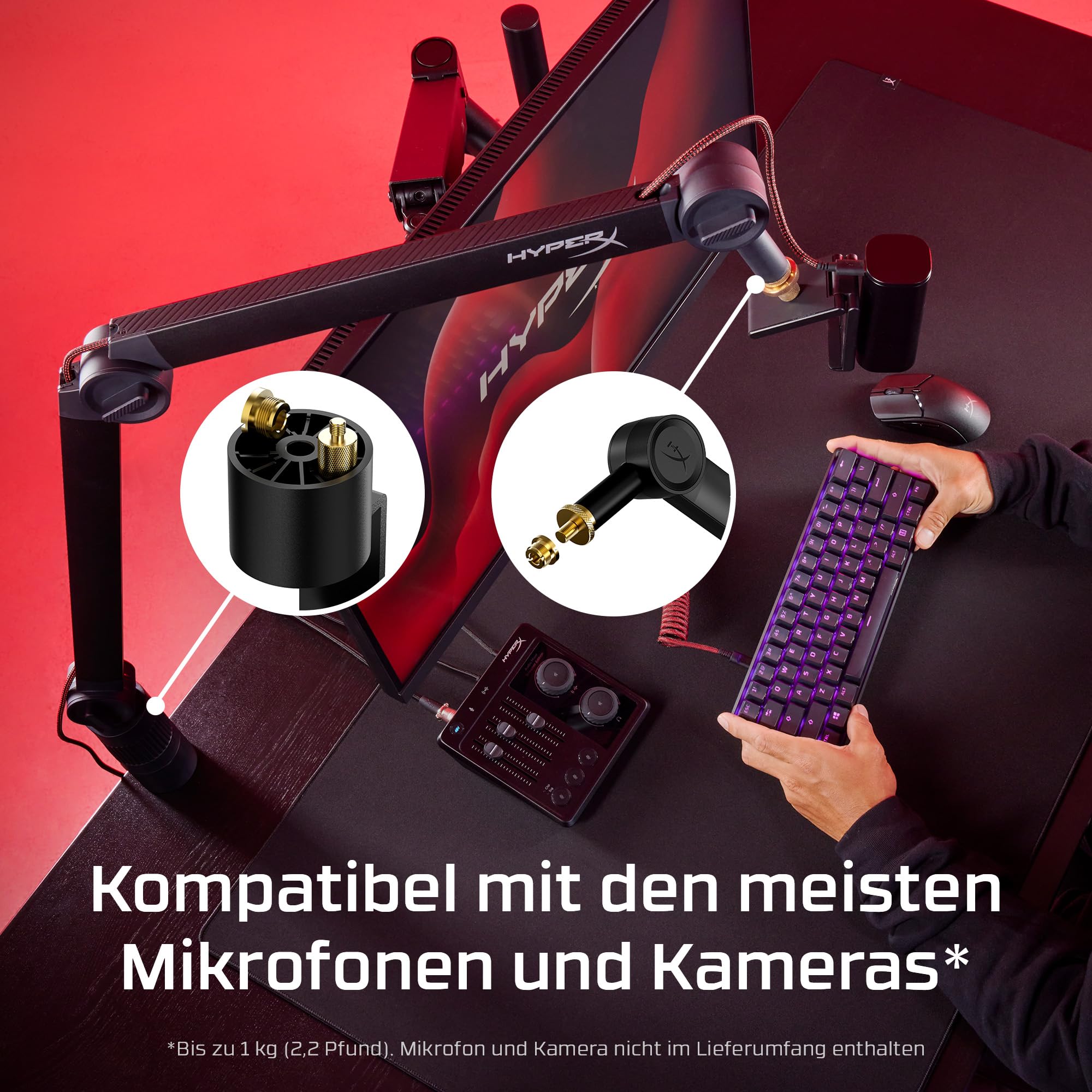 HyperX Caster Mikrofon- & Kameraarm – werkzeuglos, mit Kabelführung, 360° schwenkbar, bis 1 kg Tragkraft, 1/4", 3/8", 5/8" Gewinde, ideal für Streaming & Content Creation – Schwarz