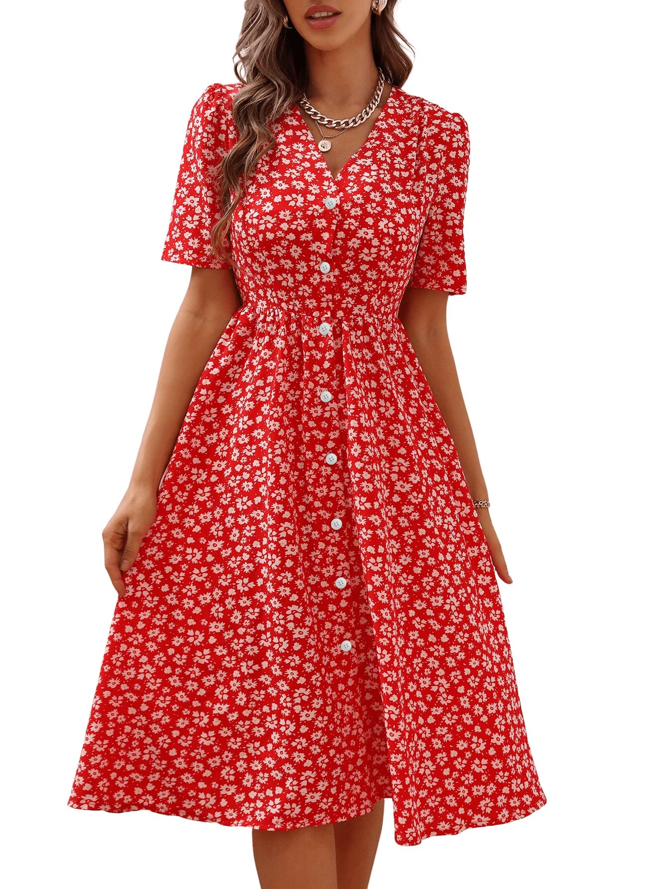 Floerns Women's Floral Print V Neck Button Front r