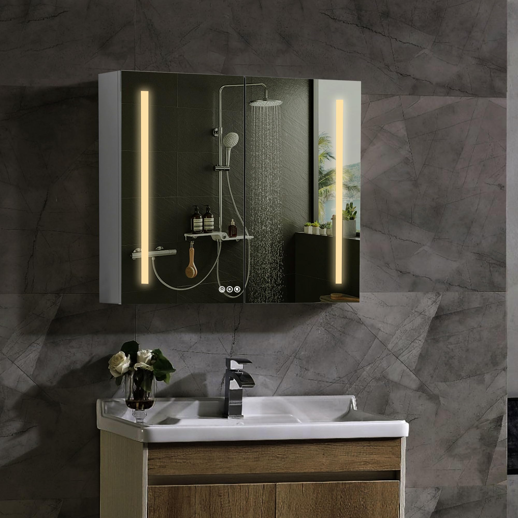 THNIKRE Medicine Cabinet Mirror, 40x30 Lighted Medicine Cabinets for Bathroom with Storage Wall Mounted Defogger Lights Dimmer LED Waterproof Aluminum Outlets & USBs, 2 Doors