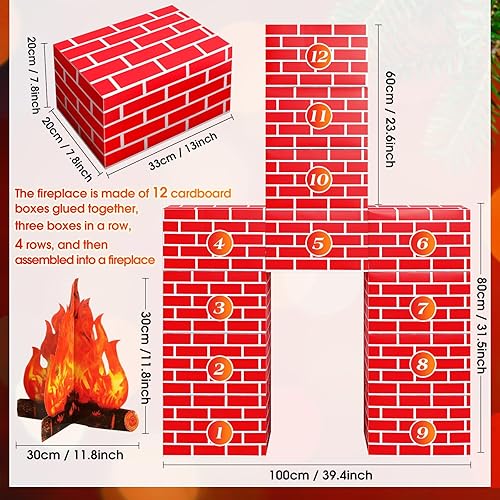 Miniatura 2 de Chimenea de cartón de ladrillo rojo artificial 3D de 39 x 59 pulgadas, chimenea de Navidad con llama de fuego 3D, telón de fondo falso para