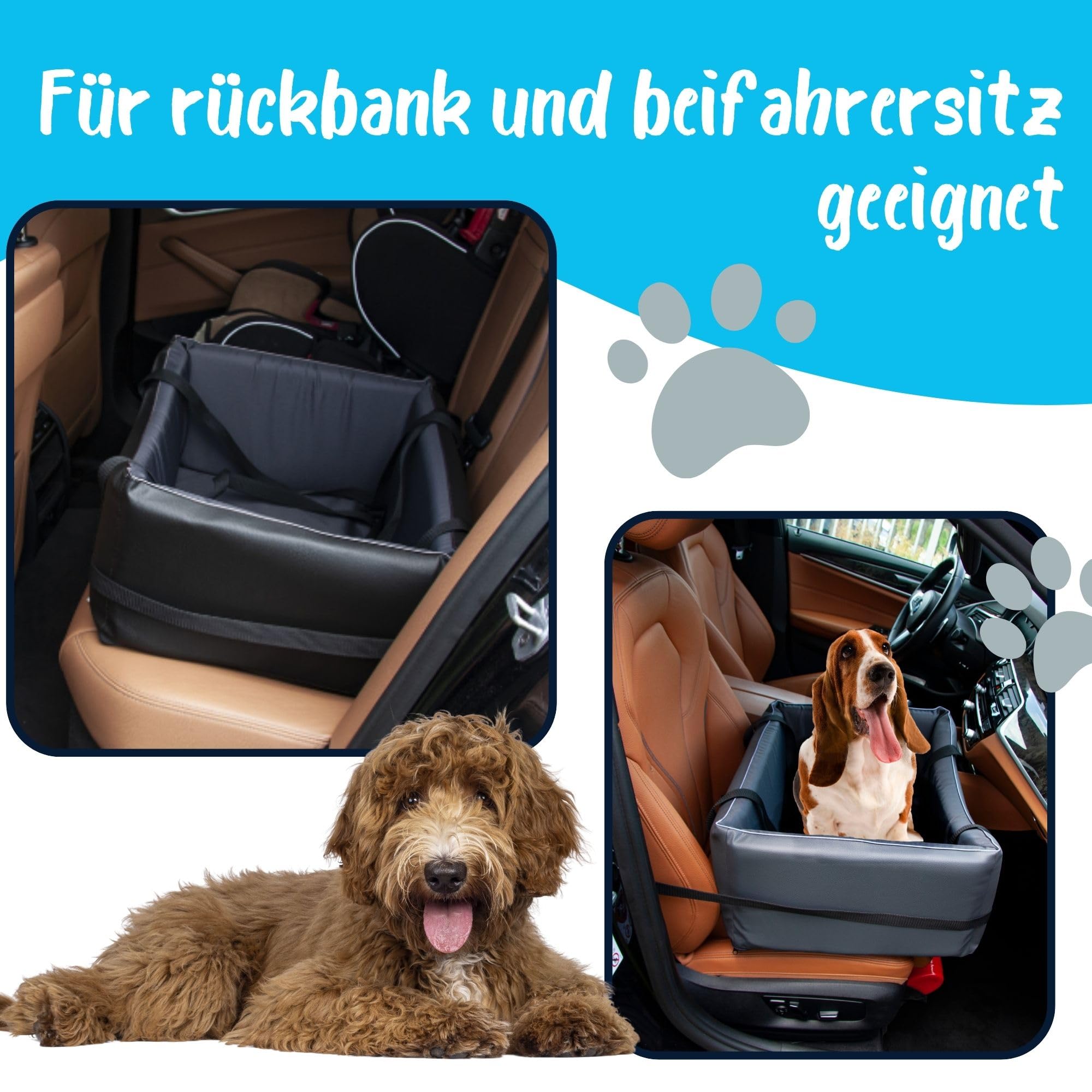 GoldenGroup Hundeautositz Kunstleder Hundesitz Hundebett Autokörbchen Hundedecke Hundekorb Transportbox Autositz Gesteppt für Rückbank Vordersitz M-55x45x25h
