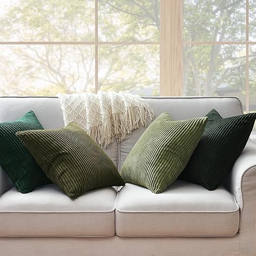 Miniatura 2 de Topfinel Juego de 4 fundas de almohada de verano de 18 x 18 pulgadas, funda de cojín decorativa de pana suave y bohemia a rayas, color verde oliva y