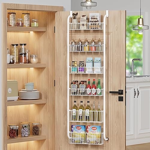 TIMEBAL Estante organizador de despensa de 6 niveles sobre la puerta con 4 + 2 cestas completas, estante de almacenamiento de especias para colgar y