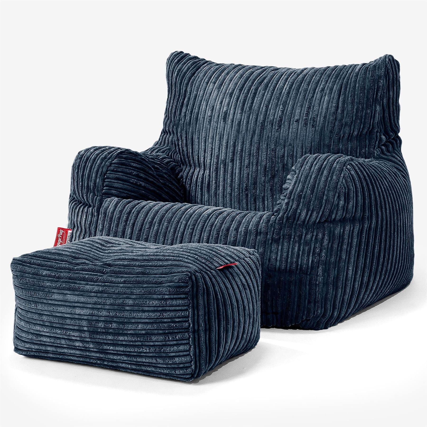 Lounge Pug Cord Fabric Armchair Bean Bag and Footstool Set for Living Room Lounge - Adult Beanbag Chair - Corduory Navy Blue