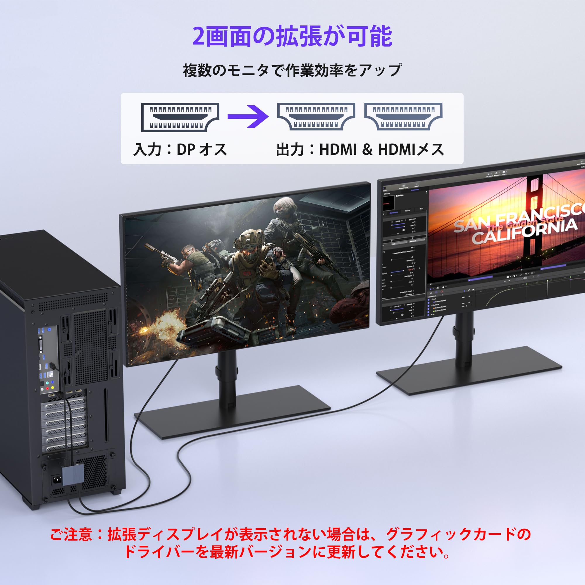 液晶テレビ HDMI 2ポート UGREEN 2M DisplayPort HDMI変換ケーブル 4K@60Hz対応