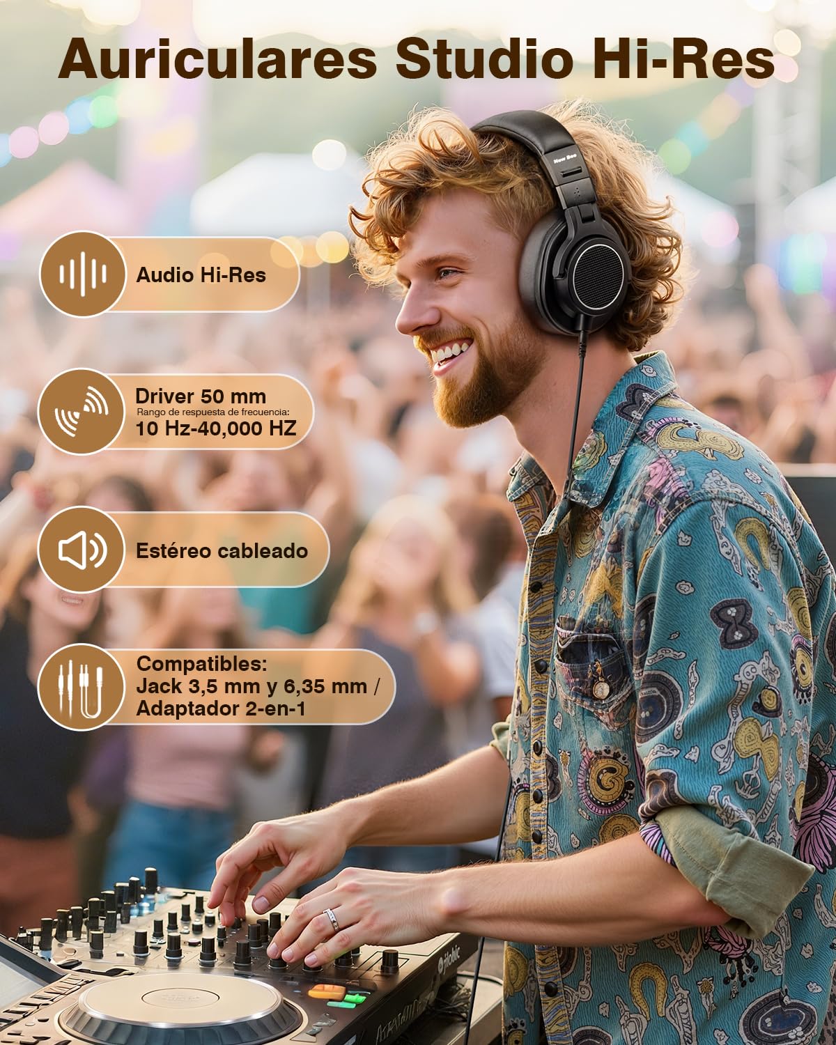 New Bee - Auriculares de estudio, auriculares over-ear con controladores de 50 mm y cable, auriculares de cable con conector de 6,35 y 3,5 mm para estudio, DJ, podcast, monitor