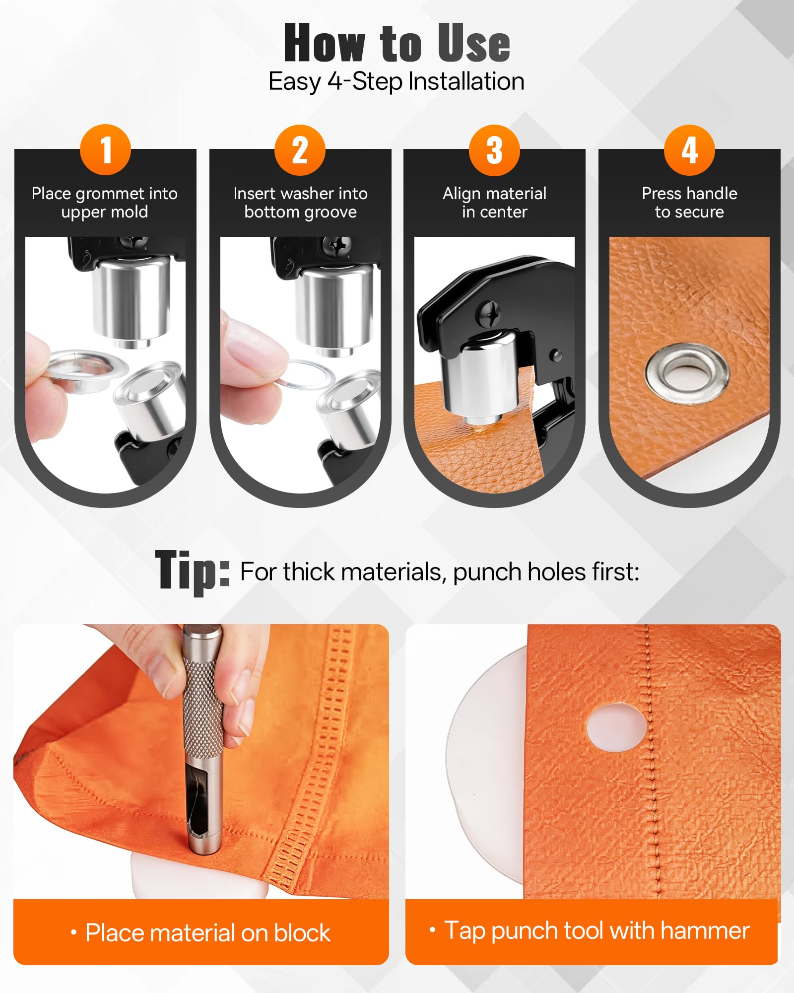 Kit di pinze per occhielli con inserti intercambiabili, pinza per fori con scatola e 400 occhielli (diametro 6/10 mm, 200 pezzi ciascuno), strumento per occhielli a mano per teloni, PVC, pelle