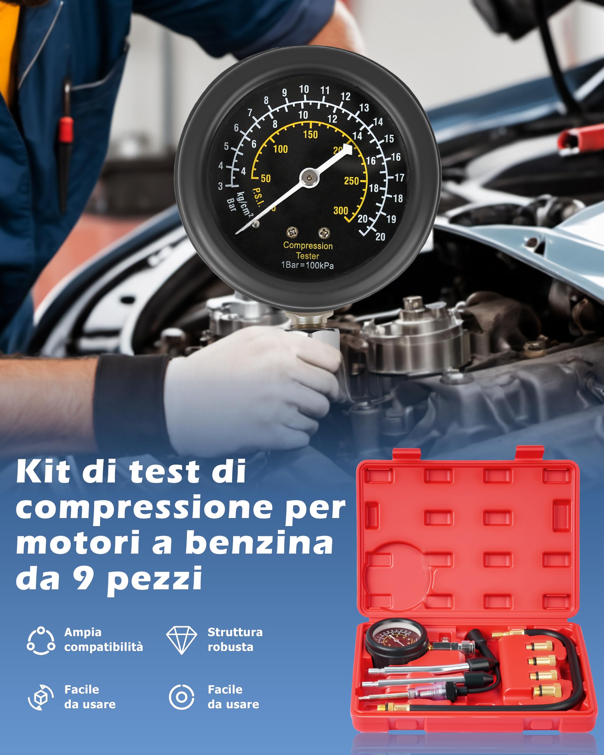 DAYUAN Set di 9 tester di compressione, tester di compressione, per controllare la compressione del motore, misurare, per auto, M10, M12, M14, M18, 0-20 bar e 0-300 psi