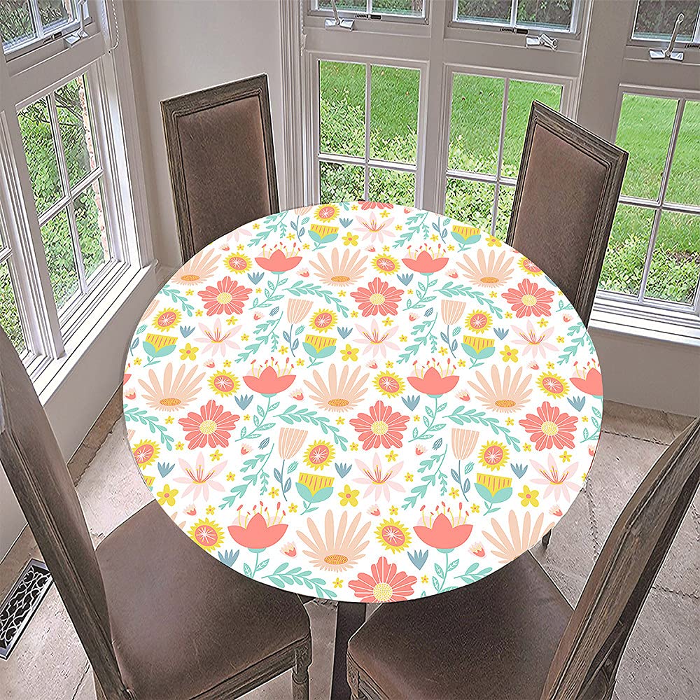 Fansu Cute Daisy Round Tablecloth Waterproof Wipe Clean, 3D Floral Printing Polyester Circular Tablecloths Fitted Elastic Edged, Stain Resistant Table Cover (,Diameter 90Cm)