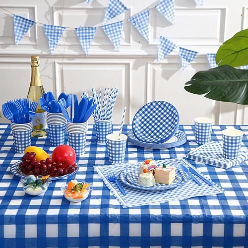 Miniatura 4 de 205 piezas de suministros de fiesta para 25 invitados, mantel a cuadros, banderín, banderín, plato, servilleta, cubiertos y pajita para fiesta de