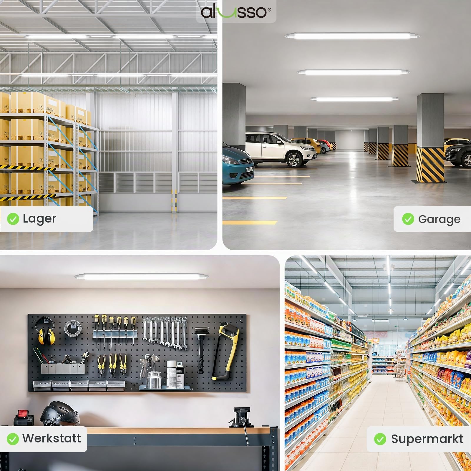 ALUSSO 2 Stück LED Feuchtraumleuchte 150CM, 48W 4800LM 5000K LED Röhre | IP65 Wasserfest Wannenleuchte, Deckenleuchte für Garage, Keller,Werkstatt,Feuchtraum, Bad, Büro, Warenhaus