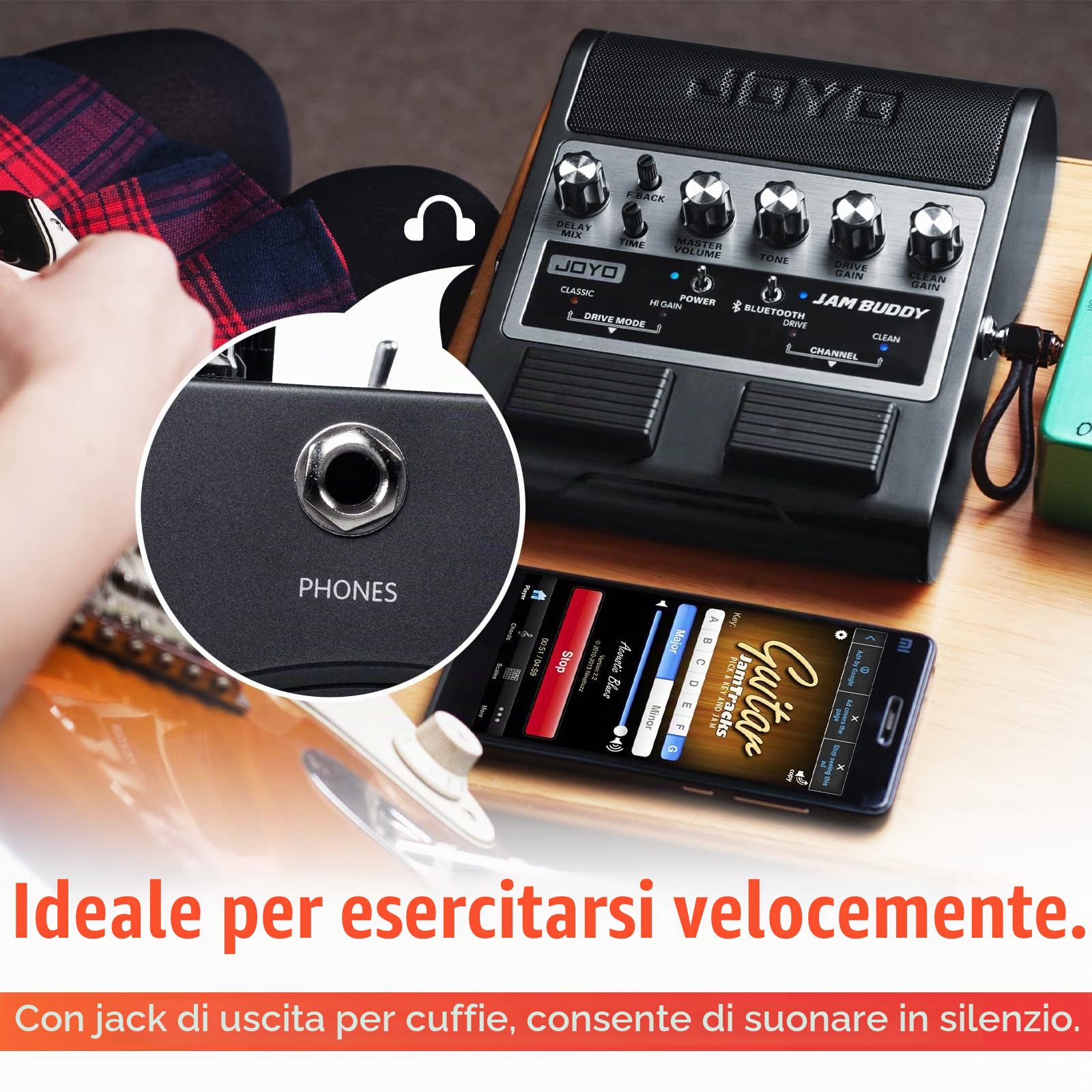 JOYO Jam Buddy Dual Channel - Amplificatore per chitarra elettrica, con 2 altoparlanti Bluetooth 4.0 da 4 W, per esercizio, amplificatore, pedale effetto (nero)