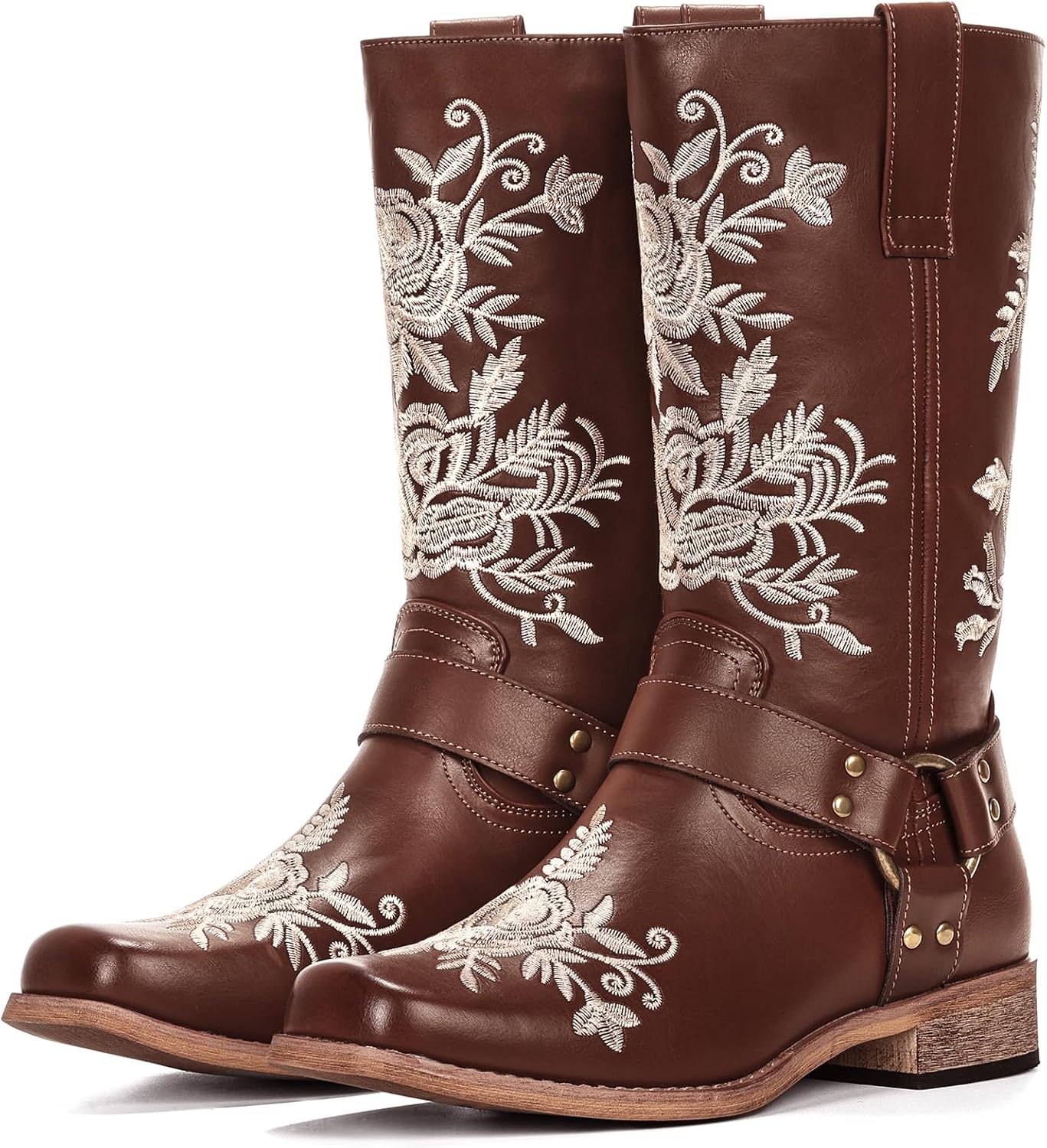 Cowboy Boots for Women Square Toe Mid Calf Western Cowgirl Boots，Embroidered Retro Motorcycle Biker Booties with Rivet Strap Low Chunky Heel for Country Concert Music Festival