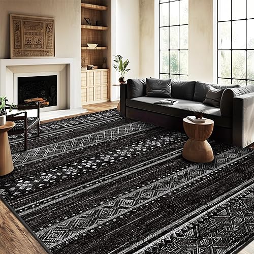 BESTSWEETIE 5x7 Area Rugs for Living Room Washable Moroccan Farmhouse Neutral Geometric Low Pile Non-Slip Soft Print Pattern Rug for Bedroom Kitchen Dining Room Entryway Black/White