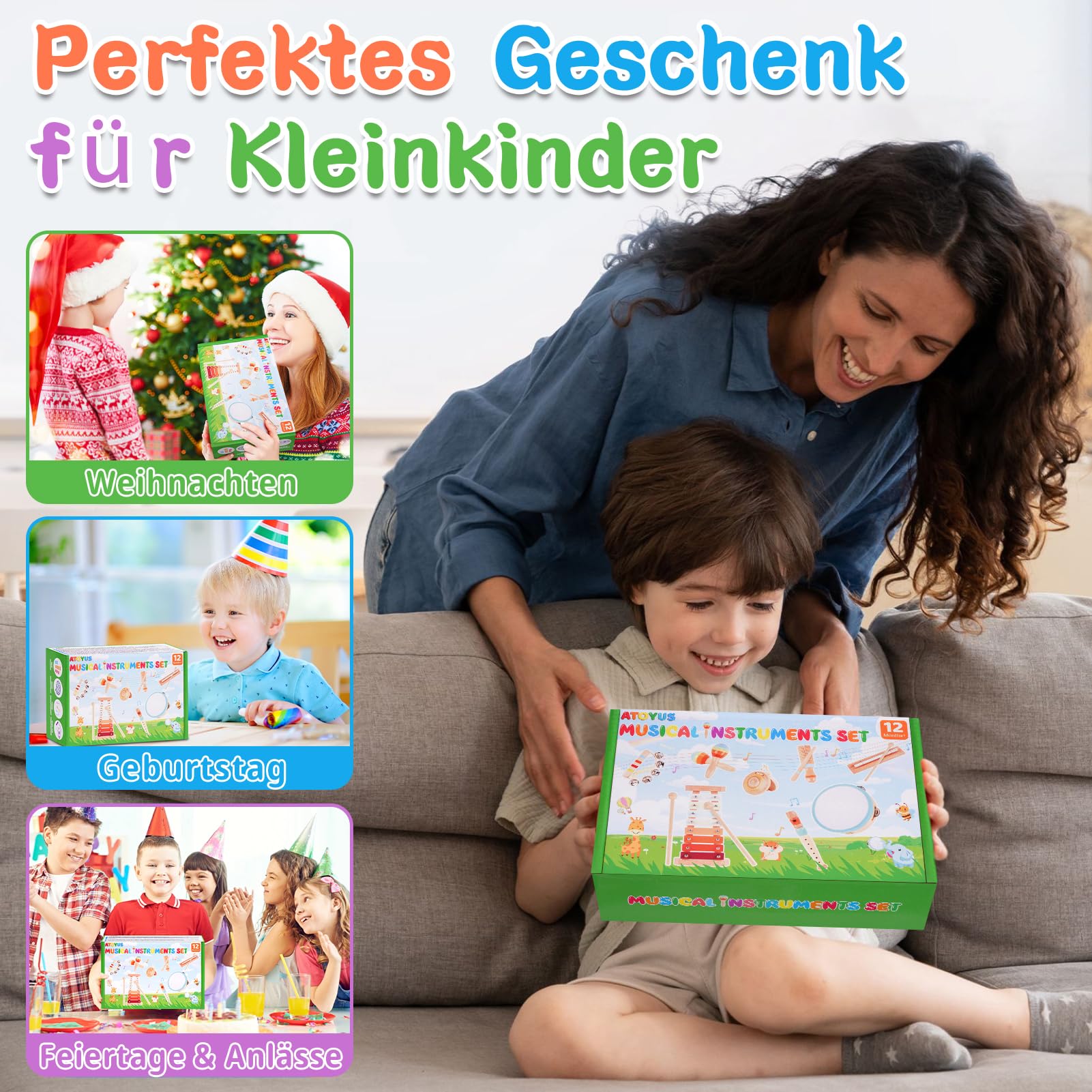 ATOYUS Montessori Musikinstrumente Spielzeug für Kinder ab 1 Jahr, Holz Schlaginstrumente für 1-3 Jährige Jungen und Mädchen, mit Xylophon, Maracas, Geschenk zum 1. Geburtstag & zu Weihnachten