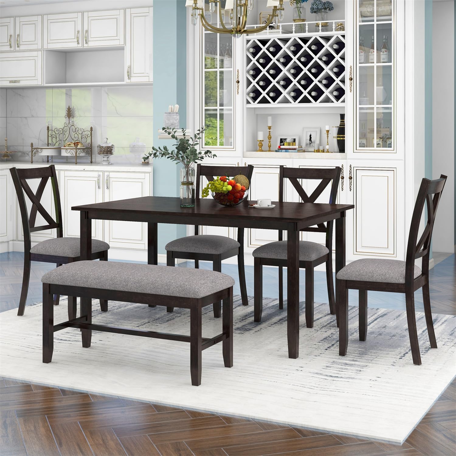 Harper & Bright Designs 6 Piece Wooden Dining Table Set with Upholstered Bench and 4 Dining Chairs, Kitchen Table Set Family Furniture for 6 People (Dark Espresso)