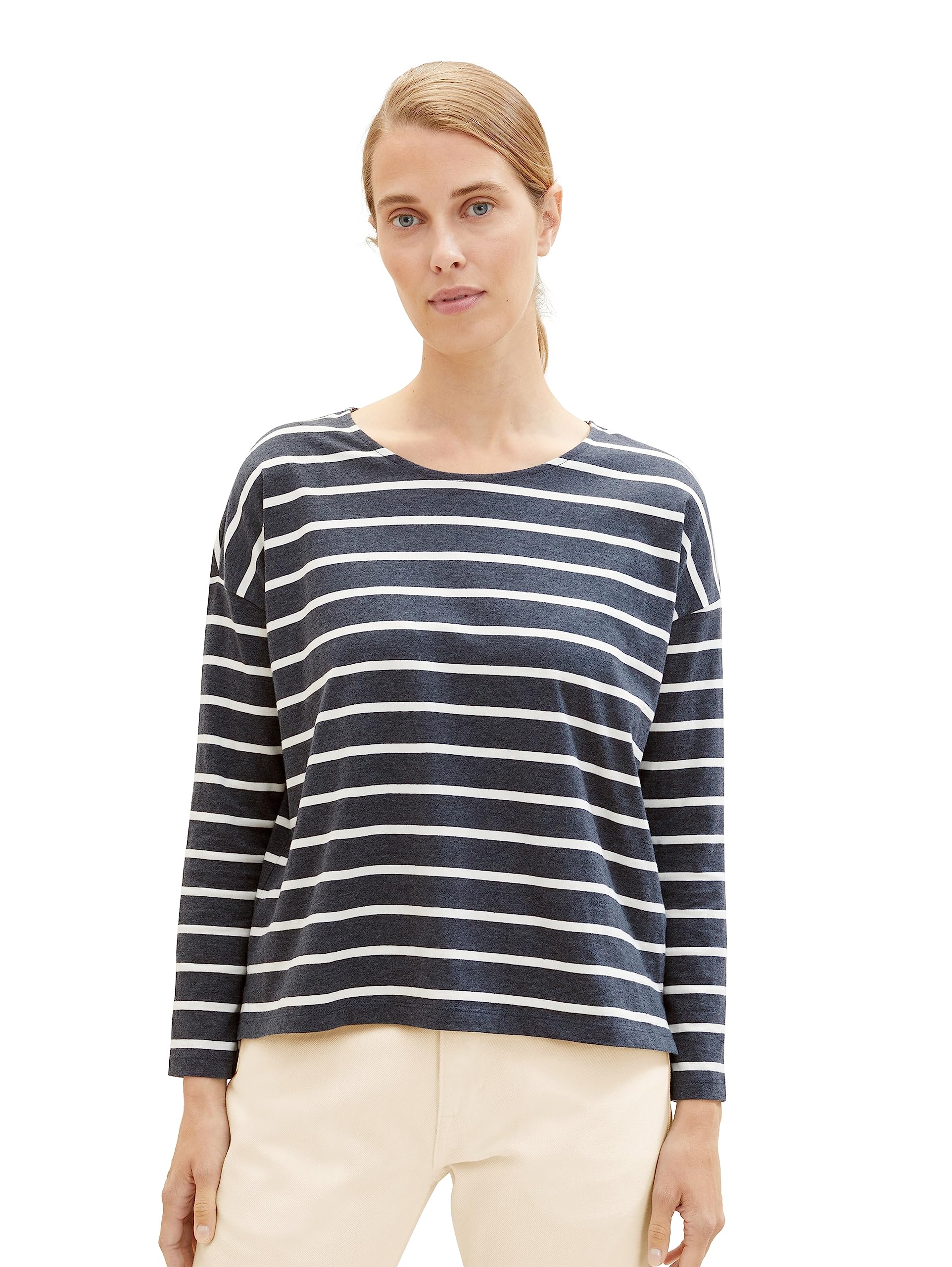 TOM TAILOR Women's Long-Sleeved Shirt with Stripes, 34236 - Anthra Mel Beige Stripe, L