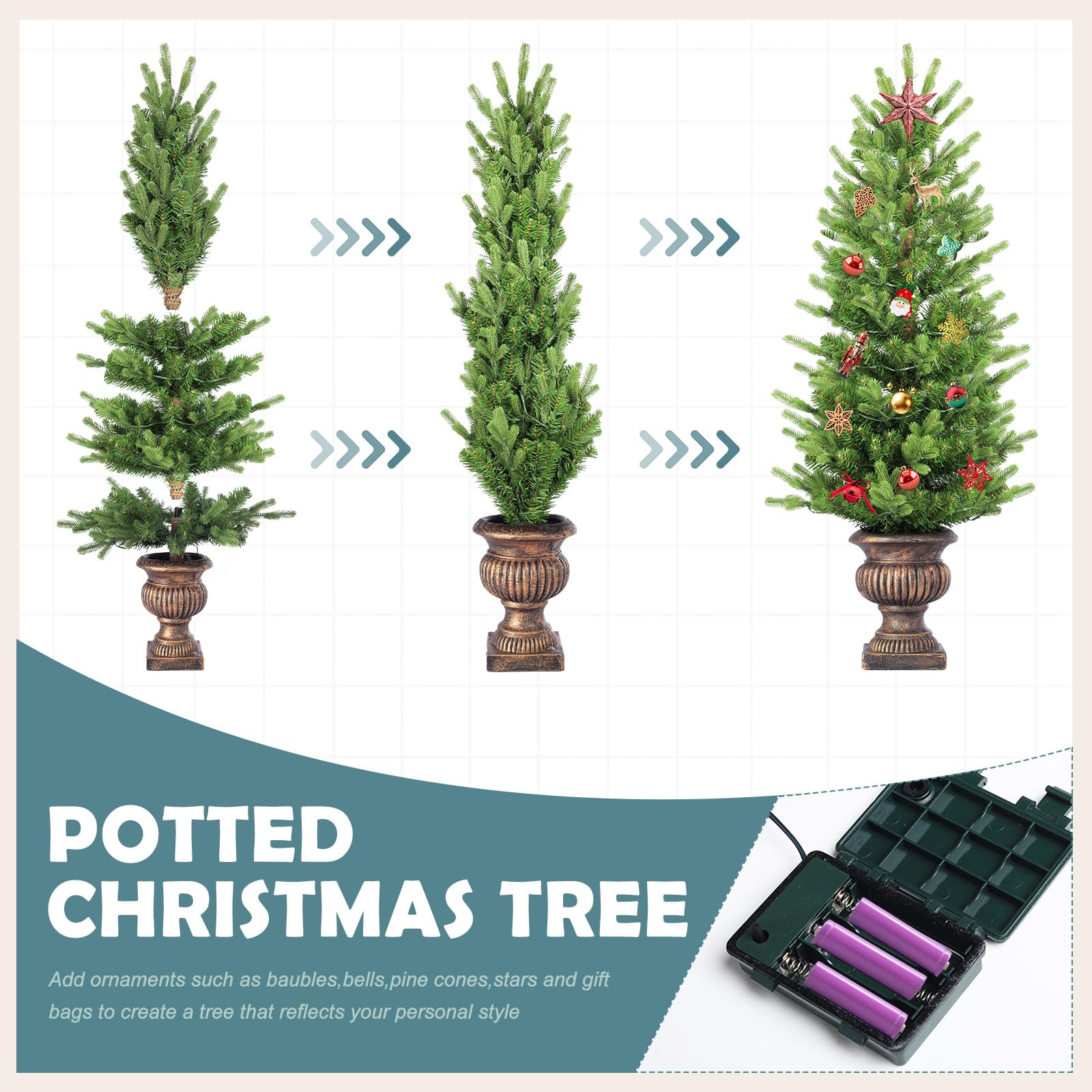 Gfilay Árbol de Navidad Artificial con Luces de 120 cm en Maceta, Funciona con Pilas, Preiluminado e Inalámbrico