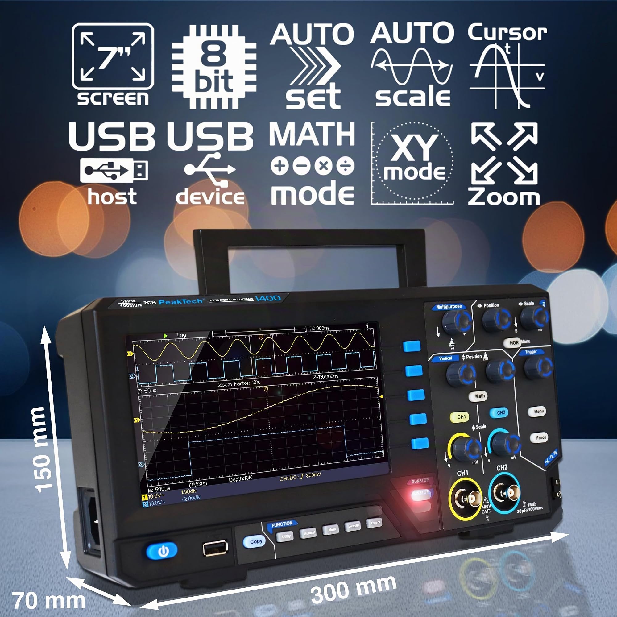 PeakTech 1404 Osciloscopio Digital de 2 Canales con Interfaz USB - 100 MHz, 1GS/s, Software para PC, Negro [3 Años de Garantía]