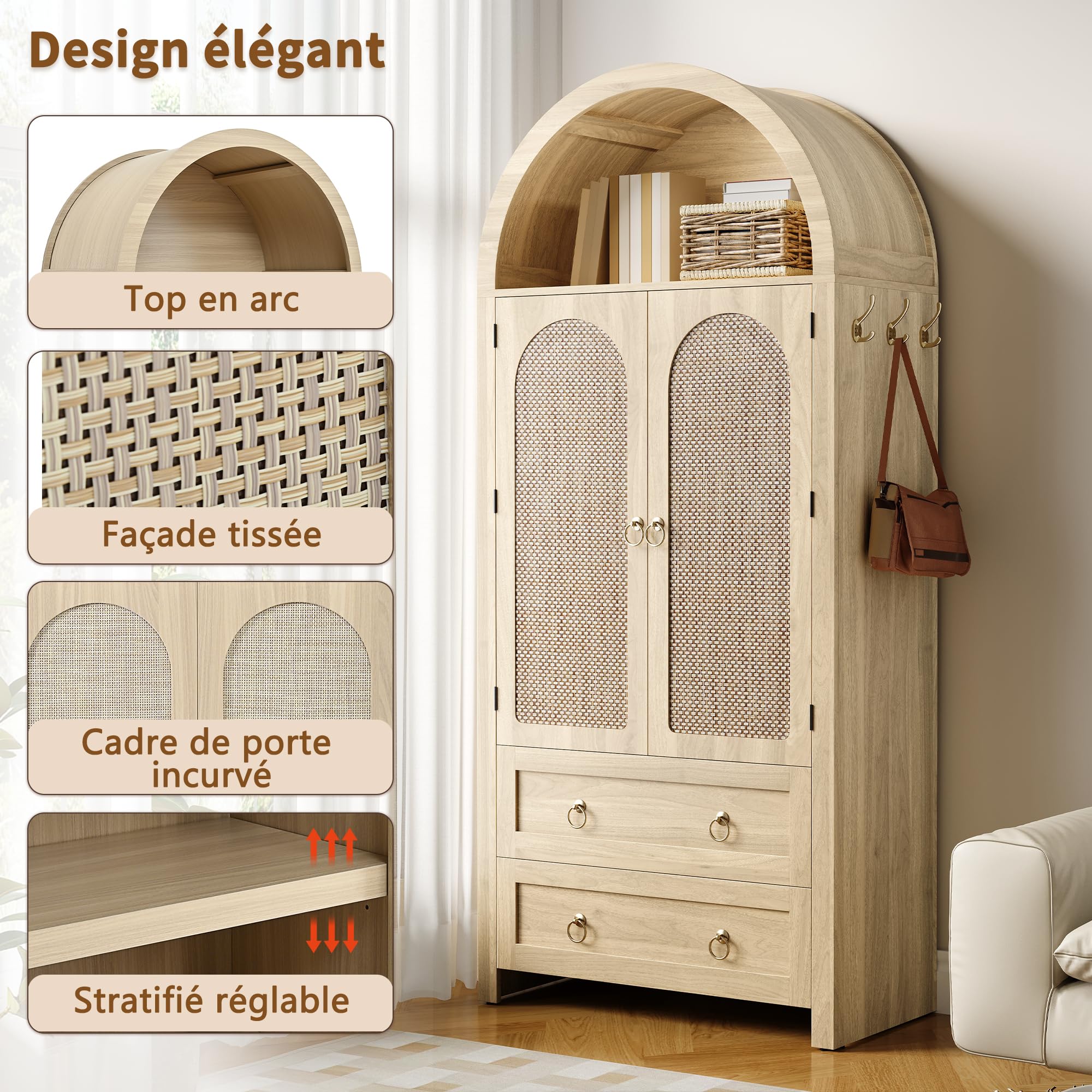 Zepneiy Buffet Salon et Chambre avec 2 Tiroir, Meuble de Rangement avec 2 Portes, Buffet Bois en Rotin Vintage, Étagères Réglables, Chêne