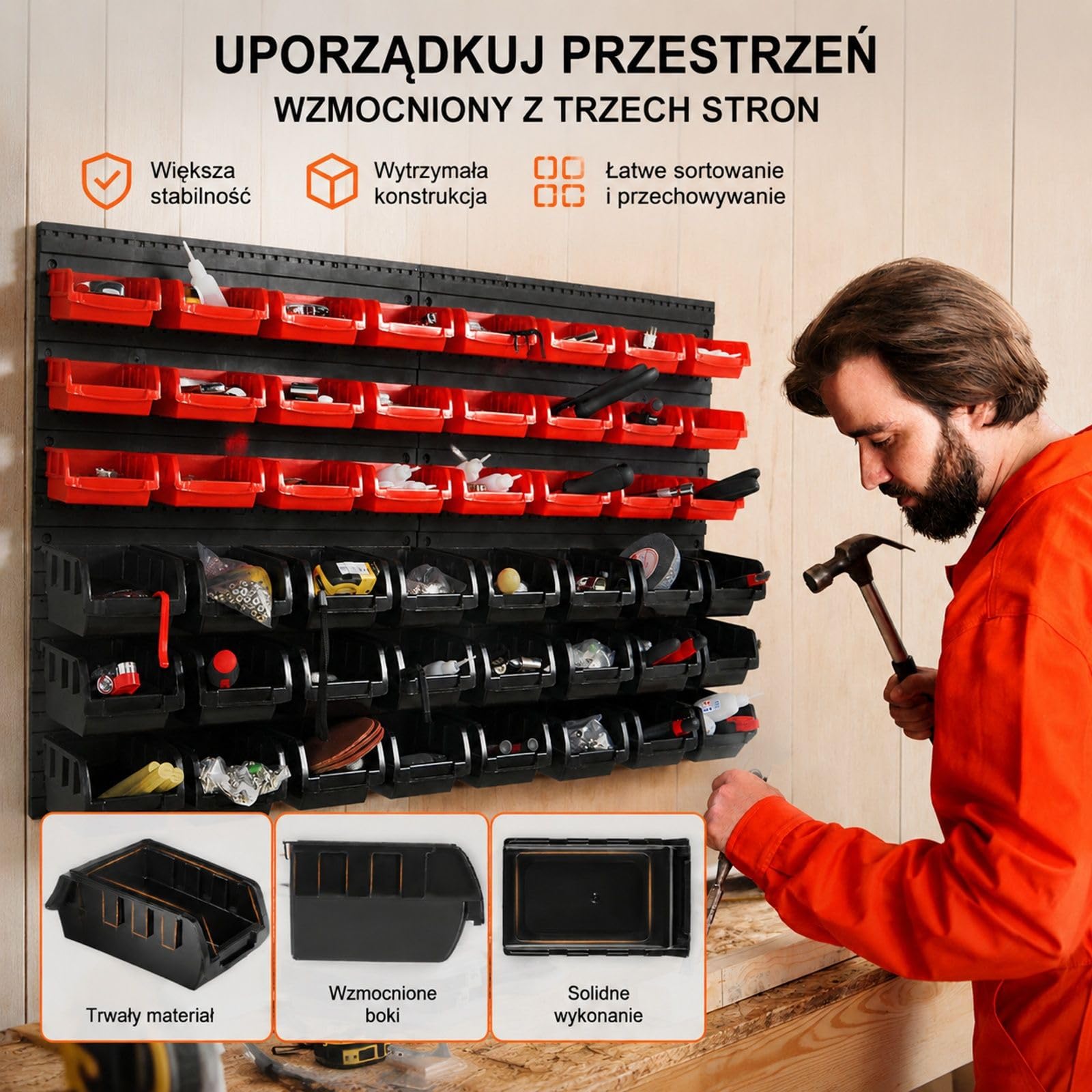 Ścienny organizer do przechowywania z 48 plastikowymi pojemnikami PP, czarny i czerwony, do garażu i warsztatu, na nakrętki, śruby, gwoździe, koraliki i guziki