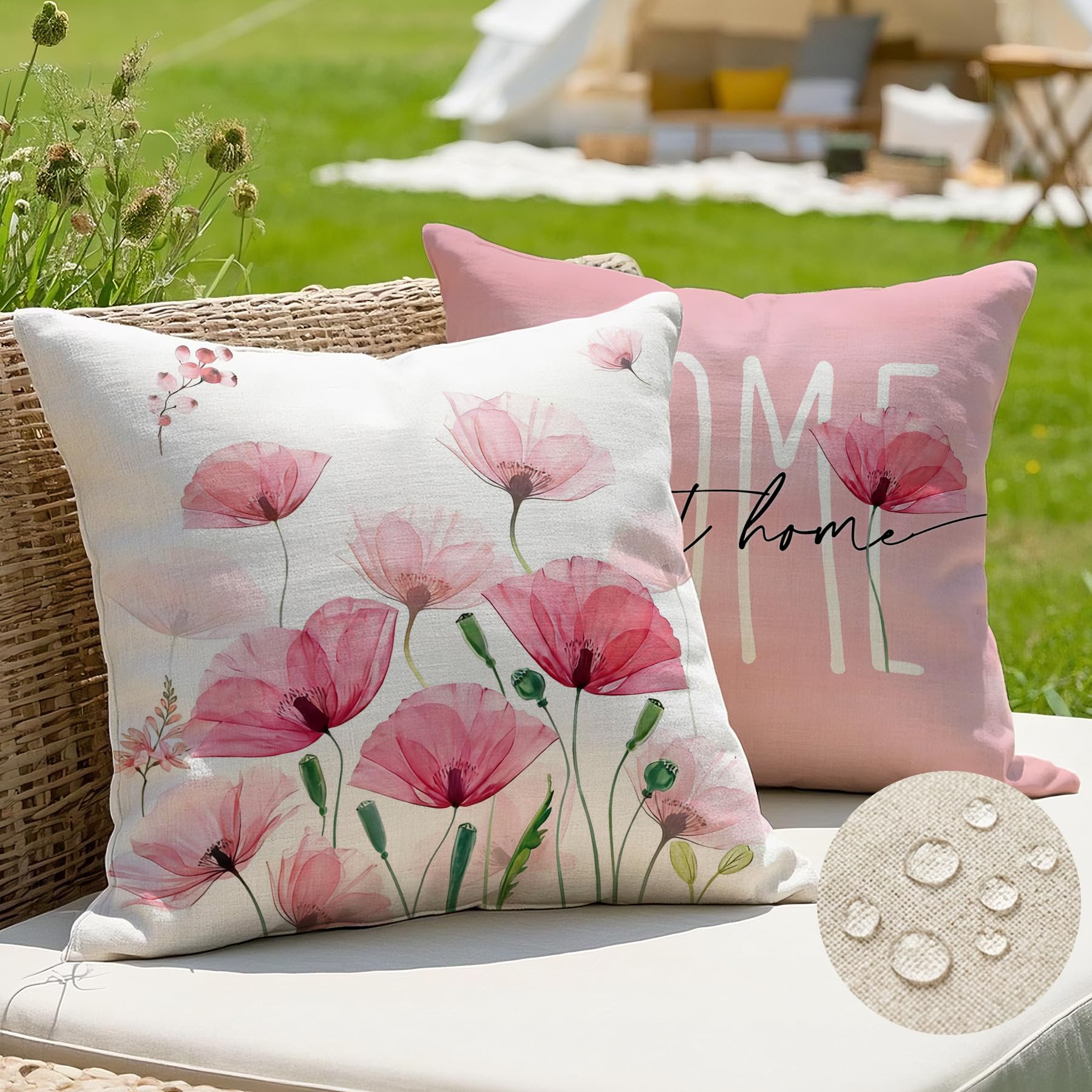Wasserdichter Outdoor Kissenbezug 40x40, 2er Set Garten Balkon, Doppelseitig Rosa Blumen Design, Modern Dekokissen Leinen-Polyester Mix, Sommerfest für Garten Sofa Couch Wohnzimmer Schlafzimmer - 3
