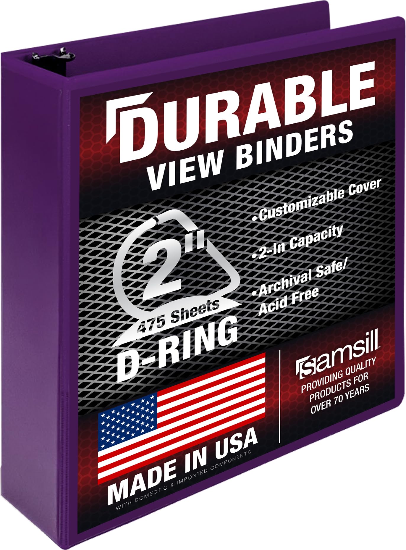 Samsill Raccoglitore resistente da 5 cm, prodotto negli Stati Uniti, raccoglitore ad anelli a D, copertina trasparente personalizzabile, viola prugna, contiene 475 pagine