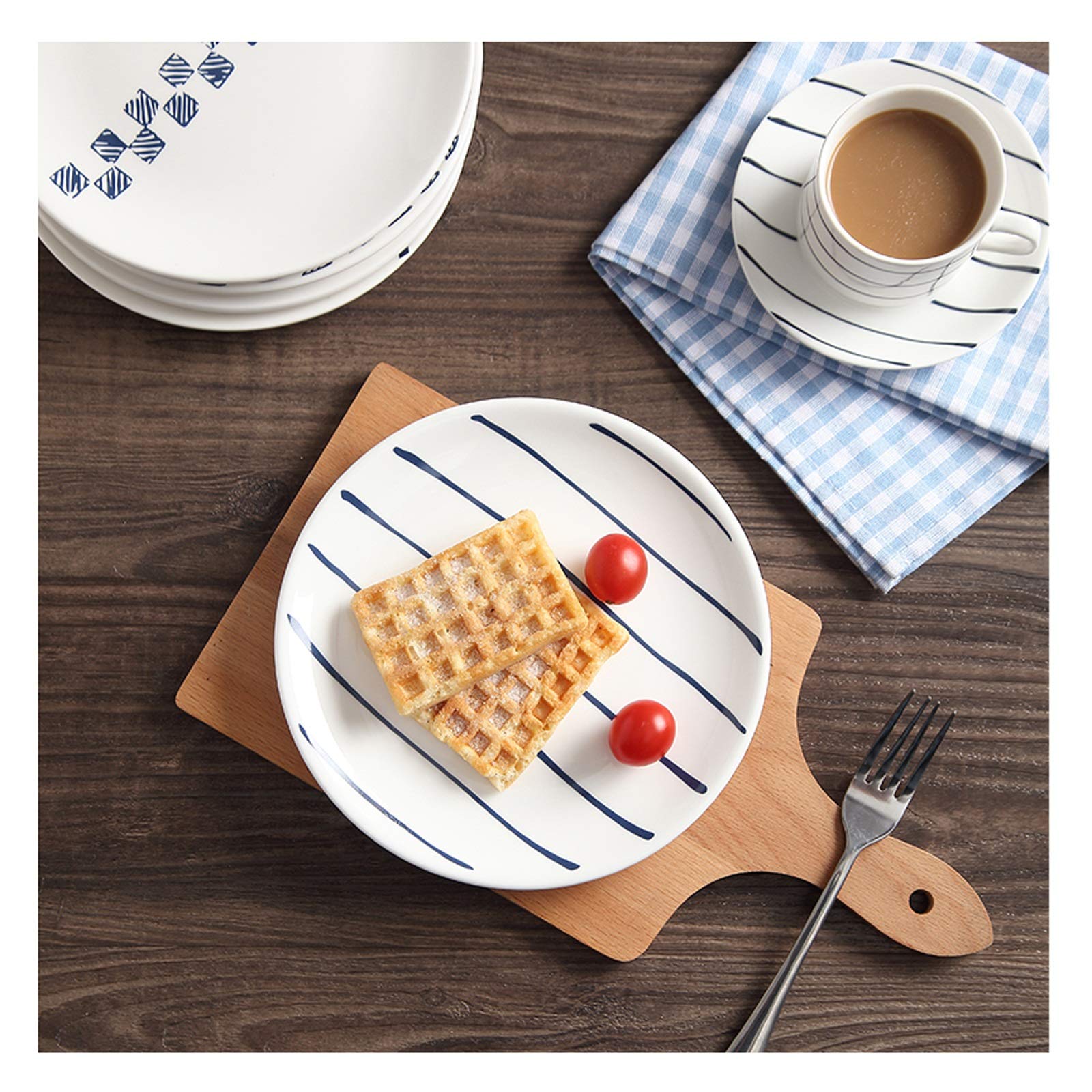 Piatti da Porzione per Brunch Piatto da bistecca bianca con striscia blu, piatto in ceramica da 8 pollici adatto for pasta, dessert, insalata, piastra di cena a microonde a microonde, 4 pezzi Per Anti