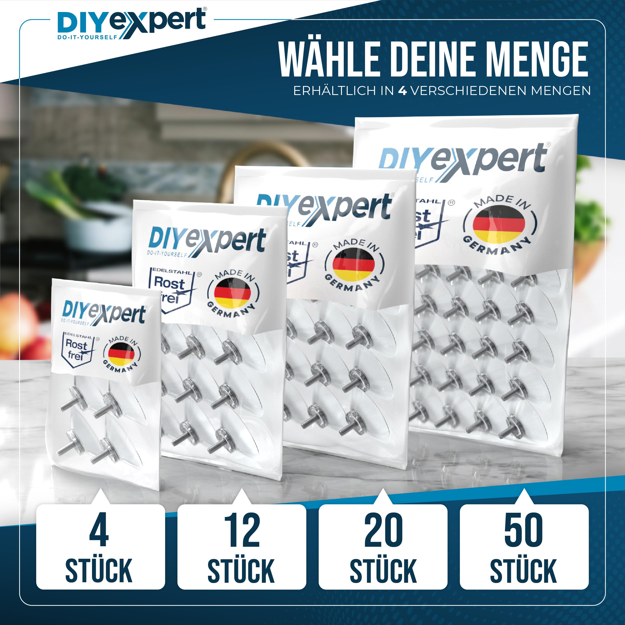 DIYexpert® 4 x przyssawka Ø 50 mm, z gwintem M4 x 10 mm, w zestawie nakrętki radełkowane przezroczyste - wyprodukowano w Niemczech