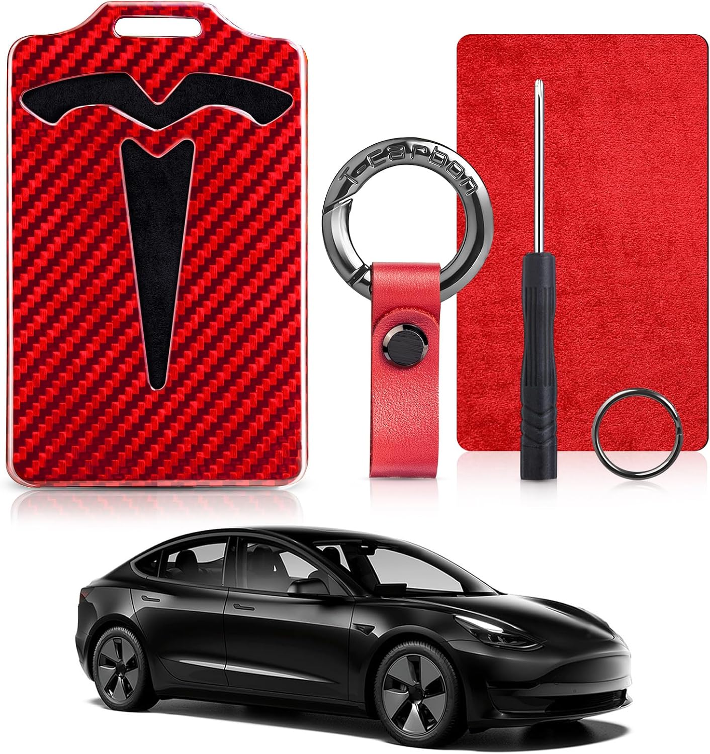 T-carbon Key Card Holder Fits for Tesla Model 3, Key Card Holder Fits for Model Y Key Card, Real Glass Fiber Card Key Protection Case with Leather Key Chain(Red)