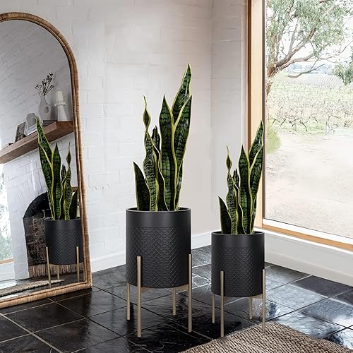 Miniatura 5 de Oakrain Macetas para plantas de interior, juego de 2 macetas modernas de mediados de siglo con soporte, macetas decorativas de metal para sala de