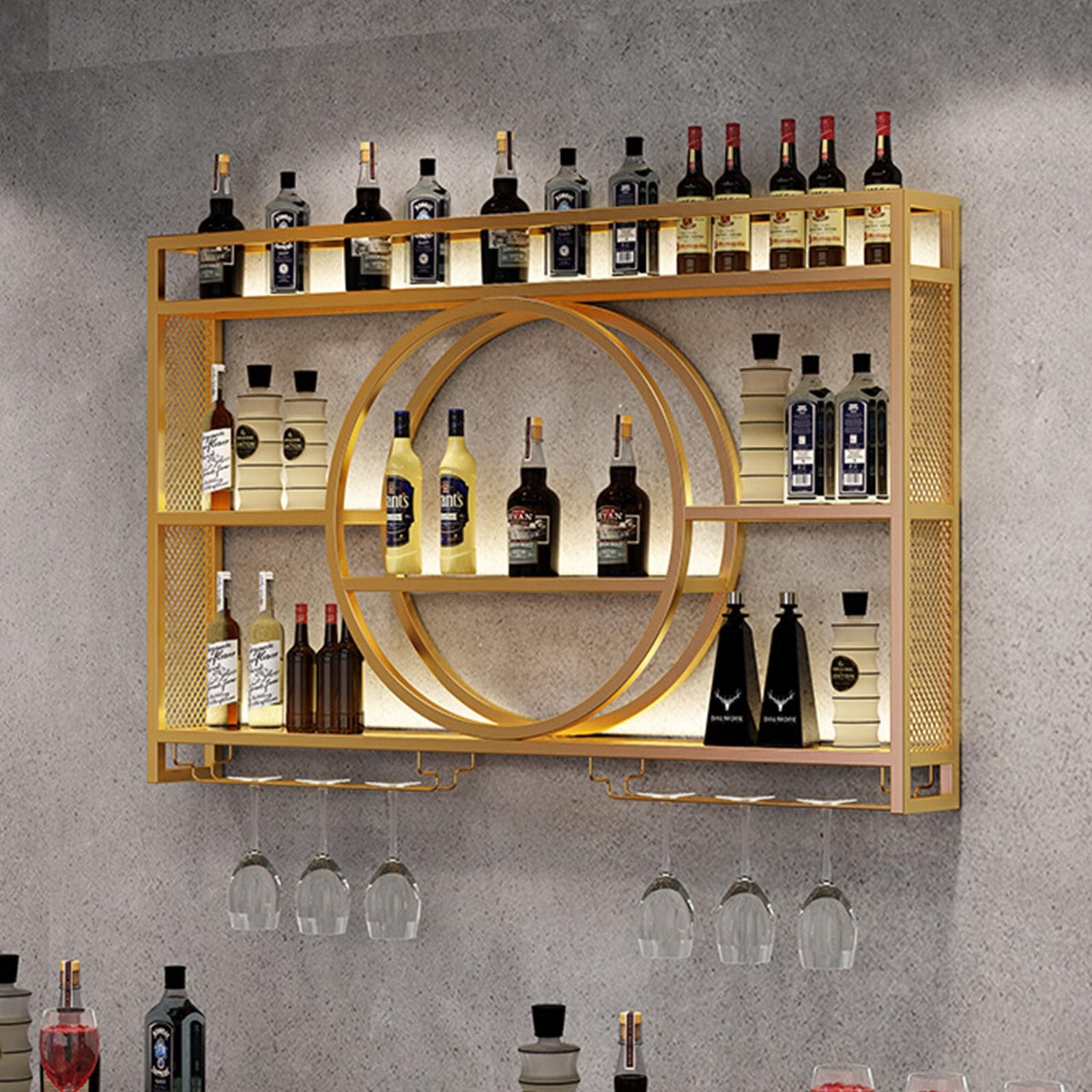 Smart Home, portabottiglie da Parete in Metallo con Luce LED - Mensola per Vino in Ferro con portabicchieri per Bottiglie di liquore - Eleganti mensol