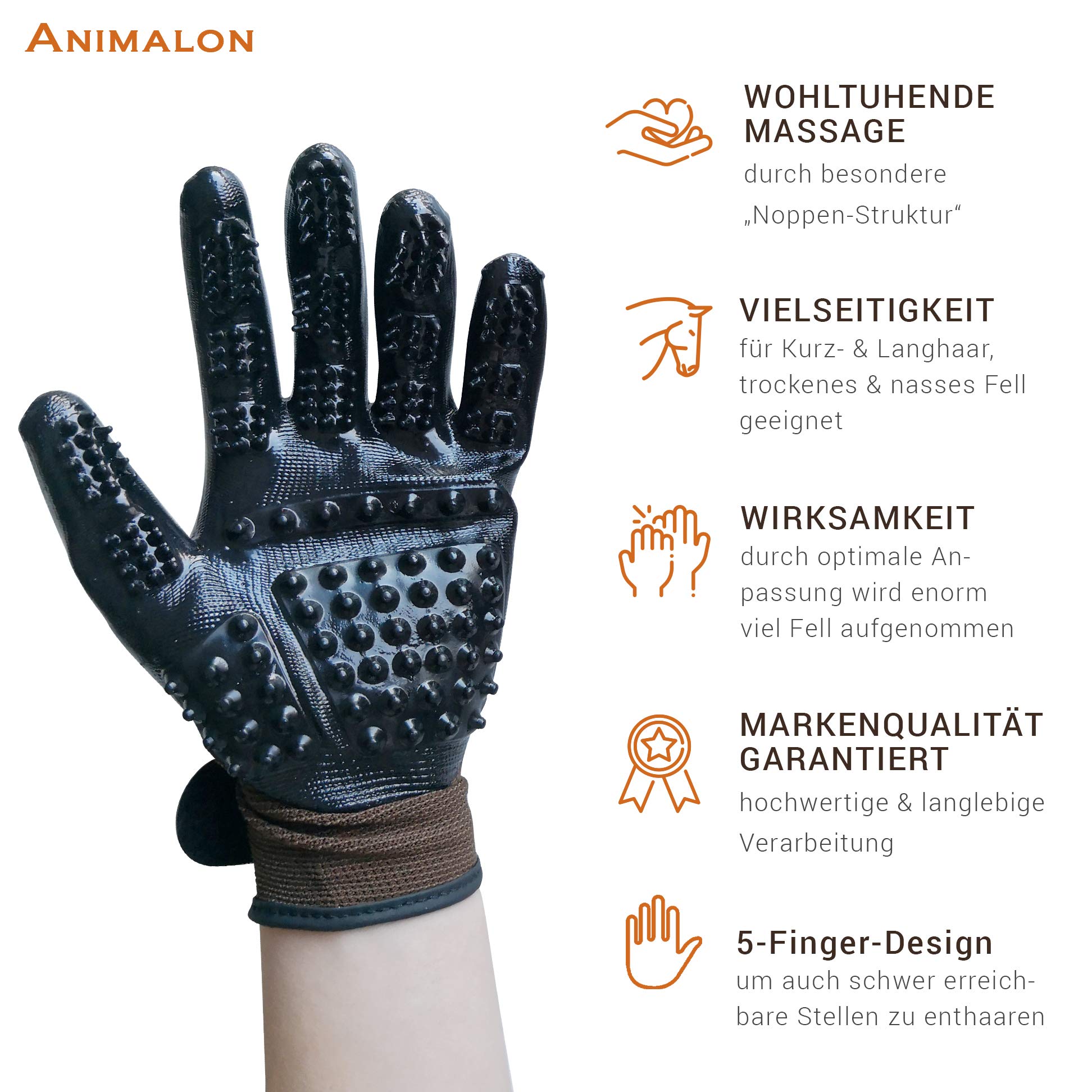 Animalon Fellpflege Handschuh aus Kautschuk (Doppelpack) | innovativer und praktischer Fellwechsel-helfer für Pferde und Hunde | Gummi-Striegel-Handschuh für Pferde besonders im Fellwechsel (M)