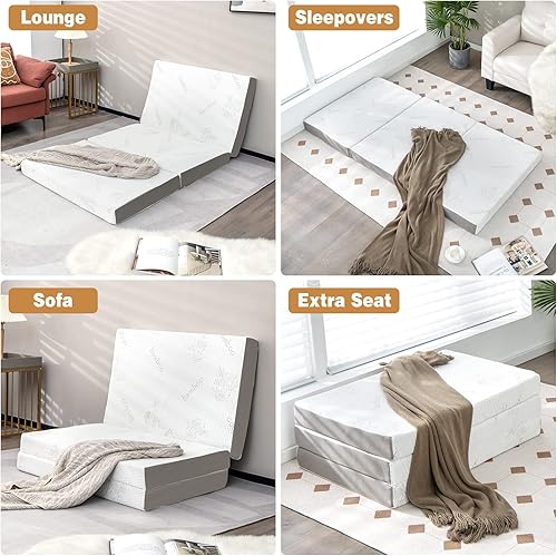 Miniatura 6 de KOMFOTT Colchón triple plegable de 4 pulgadas con bolsa de almacenamiento, colchón de espuma viscoelástica de gel fresco con funda de bambú, colchón