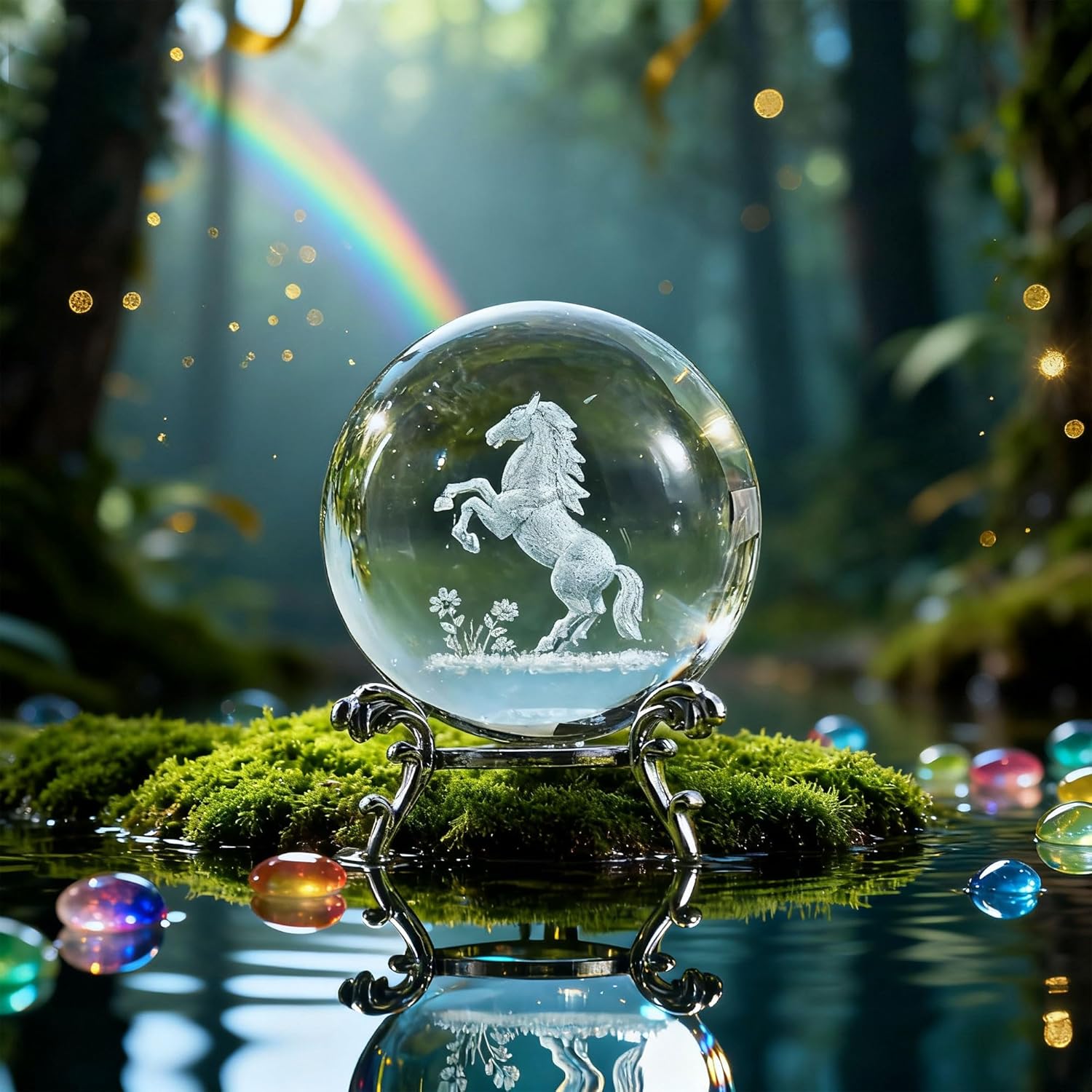 HDCRYSTALGIFTS 60mm 3D Laser Engraved Horse Crystal Ball with Stand Glass Decorative Ball Sphere Animal Paperweight Decor Year of The Horse Gifts for Women Home Shelf Decor