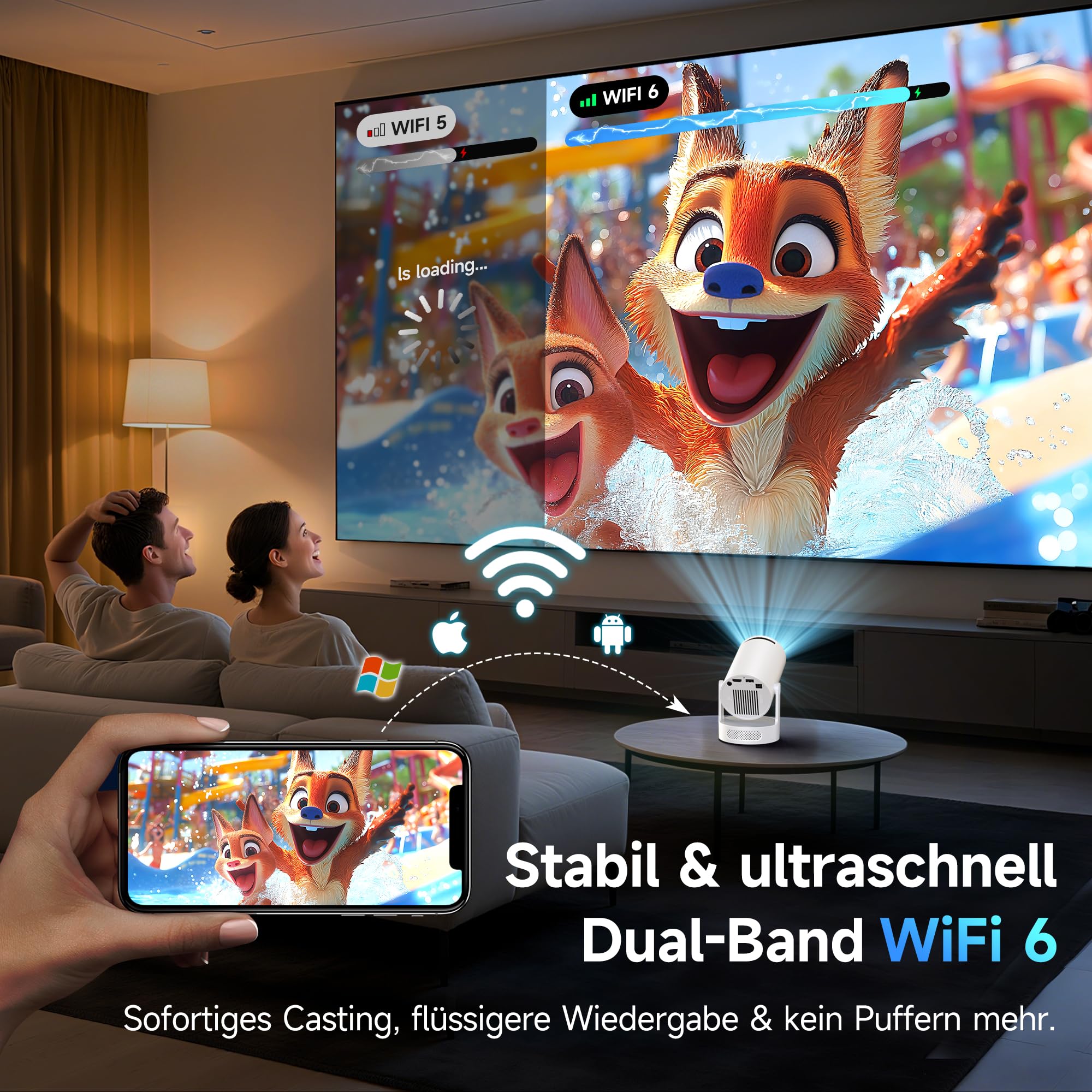 Mini Beamer, Philoent Smart Projektor 4K/1080P Unterstützt Neueste Apps WiFi 6 Bluetooth 5.4 Auto Screen Trapezkorrektur Niedriges Rauschen, Ultrakurzdistanzbeamer bietet großes Bild im kleinen Raum