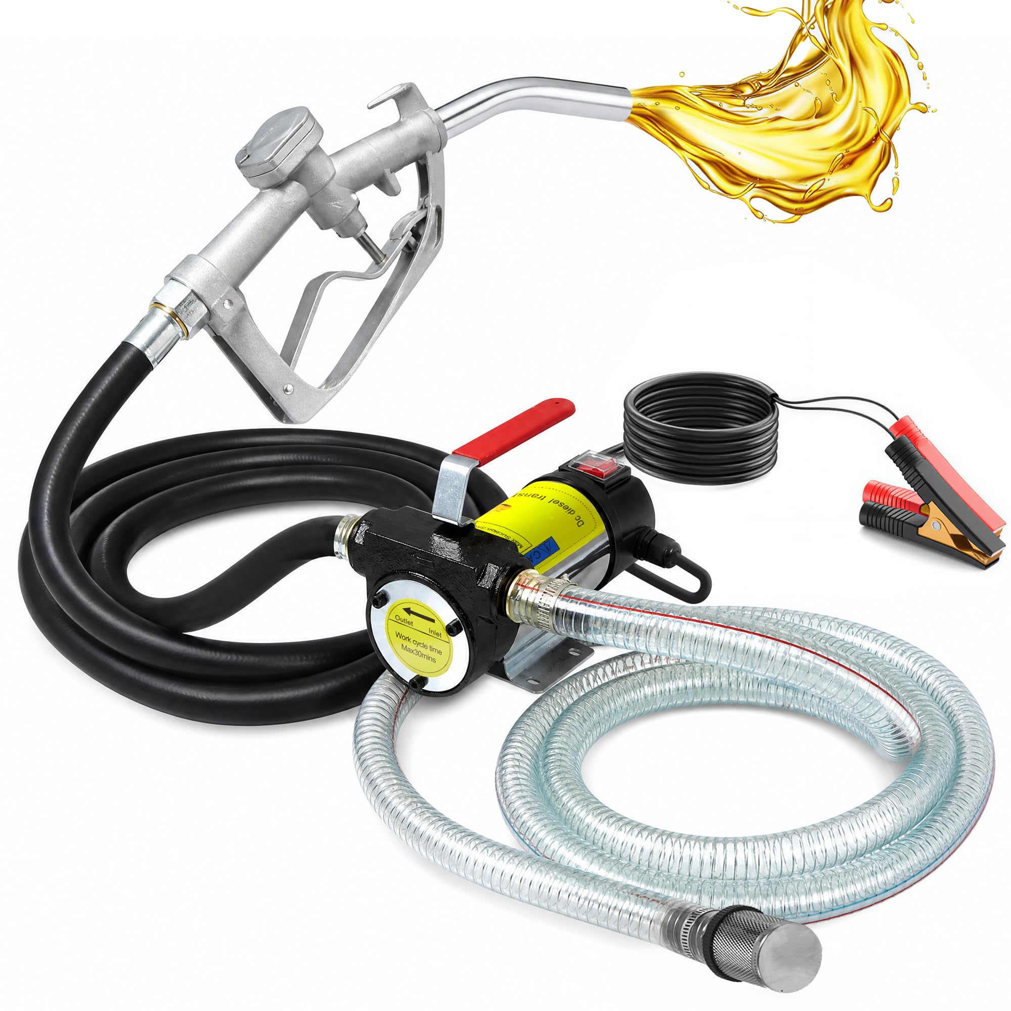 Pompa Travaso Gasolio 12V 180W: Portata 50 L/min, Pompa Elettrica Portatile con ugelli di spegnimento automatico, Filtro e Tubi per Diesel, Biodiesel, Cherosene e Olio Combustibile