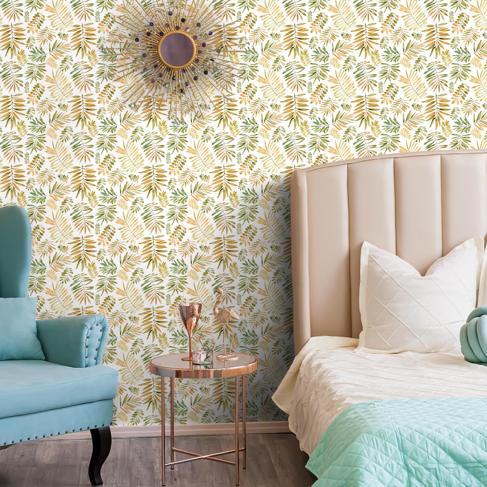 VaryFloral White Floral Wallpaper 30.5cmx300cm Peel and Stick Wallpaper Yellow Green Palm Leaves Contact Paper Watercolor Removable Sticky Back Plastic Thickened Texture Wall Stickers for Bedrooms - Image 3